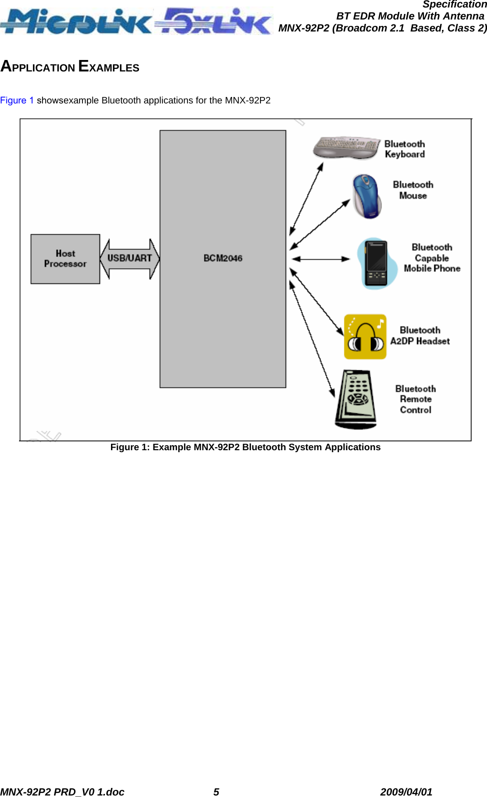  MNX-92P2 PRD_V0 1.doc  5  2009/04/01      SpecificationBT EDR Module With Antenna MNX-92P2 (Broadcom 2.1  Based, Class 2) APPLICATION EXAMPLES  Figure 1 showsexample Bluetooth applications for the MNX-92P2   Figure 1: Example MNX-92P2 Bluetooth System Applications 