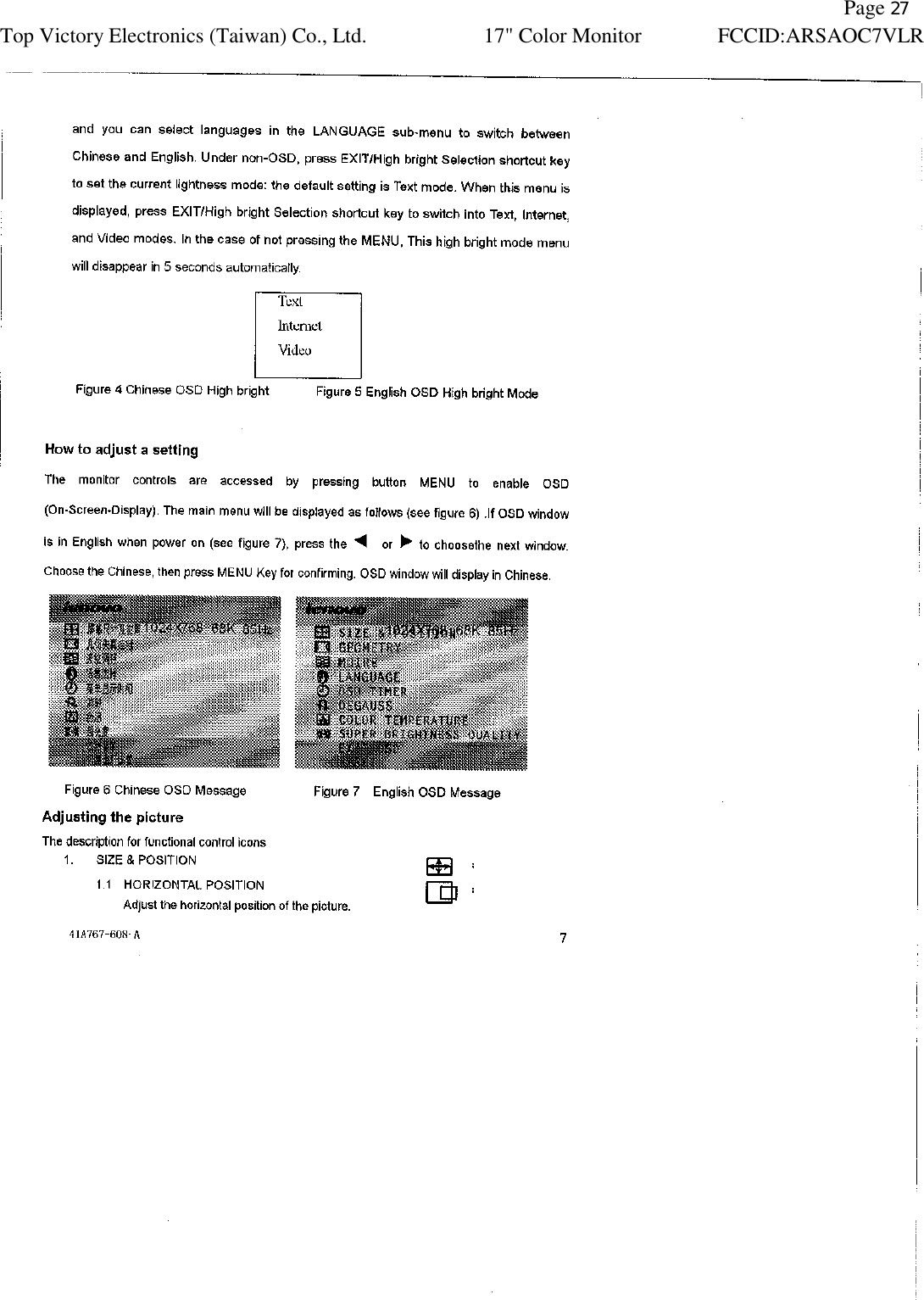   Page 27 Top Victory Electronics (Taiwan) Co., Ltd. 17&quot; Color Monitor FCCID:ARSAOC7VLR    