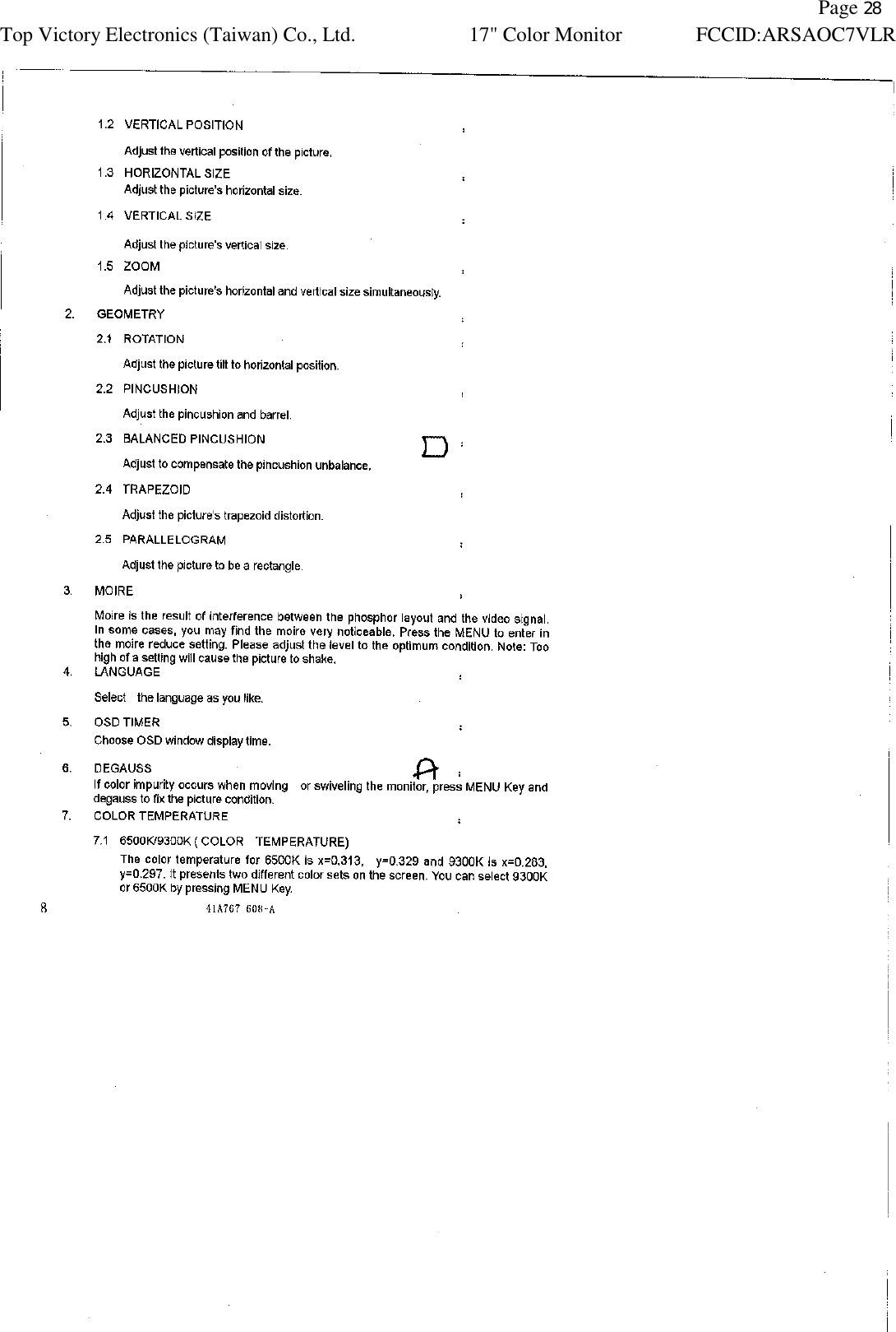   Page 28 Top Victory Electronics (Taiwan) Co., Ltd. 17&quot; Color Monitor FCCID:ARSAOC7VLR    
