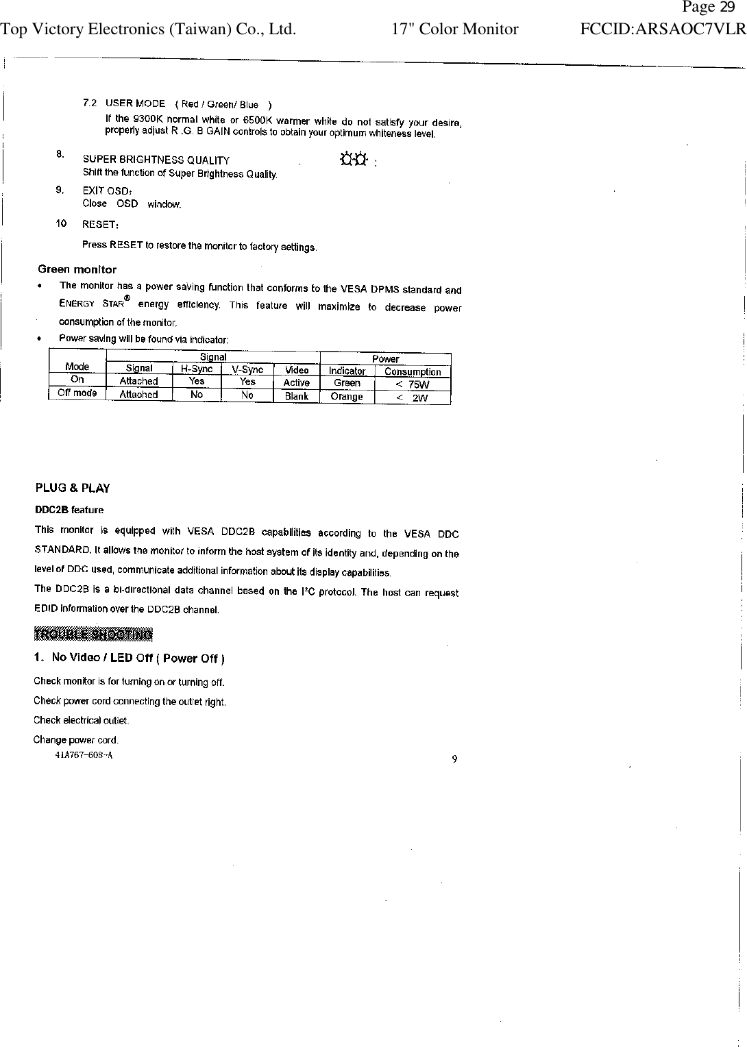   Page 29 Top Victory Electronics (Taiwan) Co., Ltd. 17&quot; Color Monitor FCCID:ARSAOC7VLR    