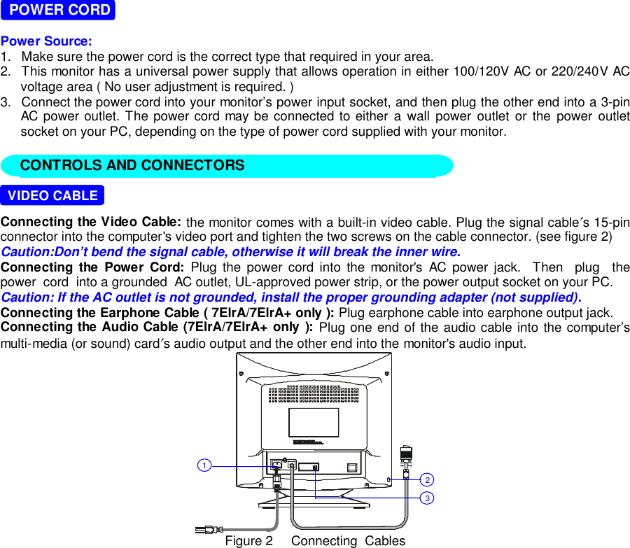   POWER CORDPower Source:1.  Make sure the power cord is the correct type that required in your area.2.  This monitor has a universal power supply that allows operation in either 100/120V AC or 220/240V ACvoltage area ( No user adjustment is required. )3.  Connect the power cord into your monitor’s power input socket, and then plug the other end into a 3-pinAC power outlet. The power cord may be connected to either a wall power outlet or the power outletsocket on your PC, depending on the type of power cord supplied with your monitor.  VIDEO CABLEConnecting the Video Cable: the monitor comes with a built-in video cable. Plug the signal cable′s 15-pinconnector into the computer&apos;s video port and tighten the two screws on the cable connector. (see figure 2)Caution:Don’t bend the signal cable, otherwise it will break the inner wire.Connecting the Power Cord: Plug the power cord into the monitor&apos;s AC power jack.  Then  plug  thepower  cord  into a grounded  AC outlet, UL-approved power strip, or the power output socket on your PC.Caution: If the AC outlet is not grounded, install the proper grounding adapter (not supplied).Connecting the Earphone Cable ( 7ElrA/7ElrA+ only ): Plug earphone cable into earphone output jack.Connecting the Audio Cable (7ElrA/7ElrA+ only ): Plug one end of the audio cable into the computer’smulti-media (or sound) card′s audio output and the other end into the monitor&apos;s audio input.321Figure 2     Connecting  CablesCONTROLS AND CONNECTORS