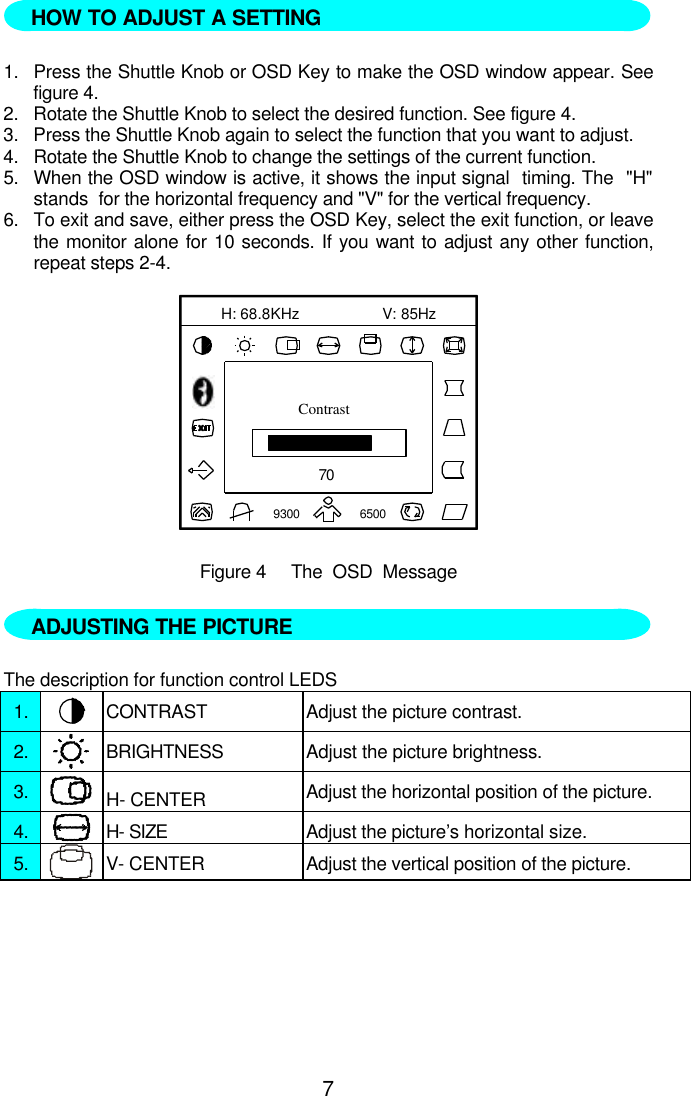 7   1. Press the Shuttle Knob or OSD Key to make the OSD window appear. Seefigure 4.2. Rotate the Shuttle Knob to select the desired function. See figure 4.3. Press the Shuttle Knob again to select the function that you want to adjust.4. Rotate the Shuttle Knob to change the settings of the current function.5. When the OSD window is active, it shows the input signal  timing. The  &quot;H&quot;stands  for the horizontal frequency and &quot;V&quot; for the vertical frequency.6. To exit and save, either press the OSD Key, select the exit function, or leavethe monitor alone for 10 seconds. If you want to adjust any other function,repeat steps 2-4.70V: 85Hz9300 6500H: 68.8KHzContrastFigure 4     The  OSD  Message   The description for function control LEDS1. CONTRAST Adjust the picture contrast.2. BRIGHTNESS Adjust the picture brightness.3. H- CENTER Adjust the horizontal position of the picture.4. H- SIZE Adjust the picture’s horizontal size.5. V- CENTER Adjust the vertical position of the picture.ADJUSTING THE PICTUREHOW TO ADJUST A SETTING