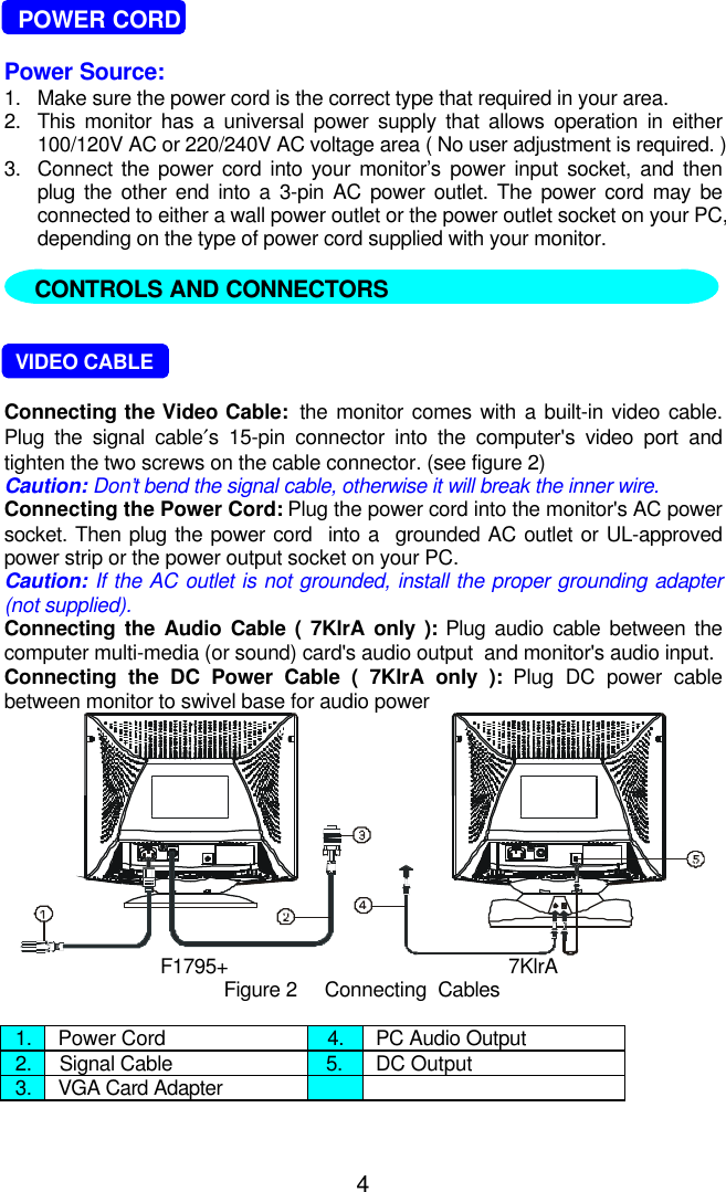 4    POWER CORDPower Source:1. Make sure the power cord is the correct type that required in your area.2. This monitor has a universal power supply that allows operation in either100/120V AC or 220/240V AC voltage area ( No user adjustment is required. )3. Connect the power cord into your monitor’s power input socket, and thenplug the other end into a 3-pin AC power outlet. The power cord may beconnected to either a wall power outlet or the power outlet socket on your PC,depending on the type of power cord supplied with your monitor.     VIDEO CABLEConnecting the Video Cable:  the monitor comes with a built-in video cable.Plug the signal cable′s 15-pin connector into the computer&apos;s video port andtighten the two screws on the cable connector. (see figure 2)Caution: Don’t bend the signal cable, otherwise it will break the inner wire.Connecting the Power Cord: Plug the power cord into the monitor&apos;s AC powersocket. Then plug the power cord  into a  grounded AC outlet or UL-approvedpower strip or the power output socket on your PC.Caution: If the AC outlet is not grounded, install the proper grounding adapter(not supplied).Connecting the Audio Cable ( 7KlrA only ): Plug audio cable between thecomputer multi-media (or sound) card&apos;s audio output  and monitor&apos;s audio input.Connecting the DC Power Cable ( 7KlrA only ): Plug DC power cablebetween monitor to swivel base for audio power         F1795+               7KlrAFigure 2     Connecting  Cables1. Power Cord 4. PC Audio Output2. Signal Cable 5. DC Output3. VGA Card AdapterCONTROLS AND CONNECTORS