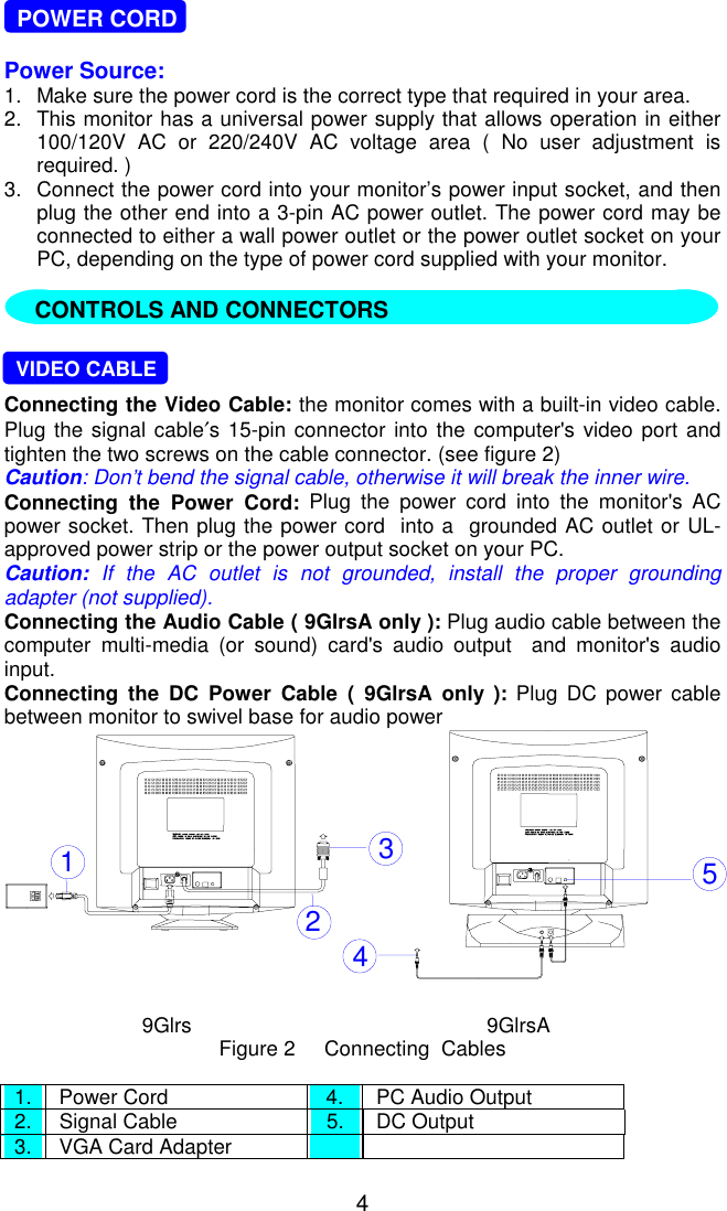  4    POWER CORD  Power Source: 1.  Make sure the power cord is the correct type that required in your area. 2.  This monitor has a universal power supply that allows operation in either 100/120V AC or 220/240V AC voltage area ( No user adjustment is required. ) 3.  Connect the power cord into your monitor’s power input socket, and then plug the other end into a 3-pin AC power outlet. The power cord may be connected to either a wall power outlet or the power outlet socket on your PC, depending on the type of power cord supplied with your monitor.           VIDEO CABLE  Connecting the Video Cable: the monitor comes with a built-in video cable. Plug the signal cable′s 15-pin connector into the computer&apos;s video port and tighten the two screws on the cable connector. (see figure 2) Caution: Don’t bend the signal cable, otherwise it will break the inner wire. Connecting the Power Cord: Plug the power cord into the monitor&apos;s AC power socket. Then plug the power cord  into a  grounded AC outlet or UL-approved power strip or the power output socket on your PC. Caution: If the AC outlet is not grounded, install the proper grounding adapter (not supplied). Connecting the Audio Cable ( 9GlrsA only ): Plug audio cable between the computer multi-media (or sound) card&apos;s audio output  and monitor&apos;s audio input. Connecting the DC Power Cable ( 9GlrsA only ): Plug DC power cable between monitor to swivel base for audio power 12345 9Glrs 9GlrsA Figure 2     Connecting  Cables  1. Power Cord  4.  PC Audio Output 2. Signal Cable  5. DC Output 3.  VGA Card Adapter     CONTROLS AND CONNECTORS 
