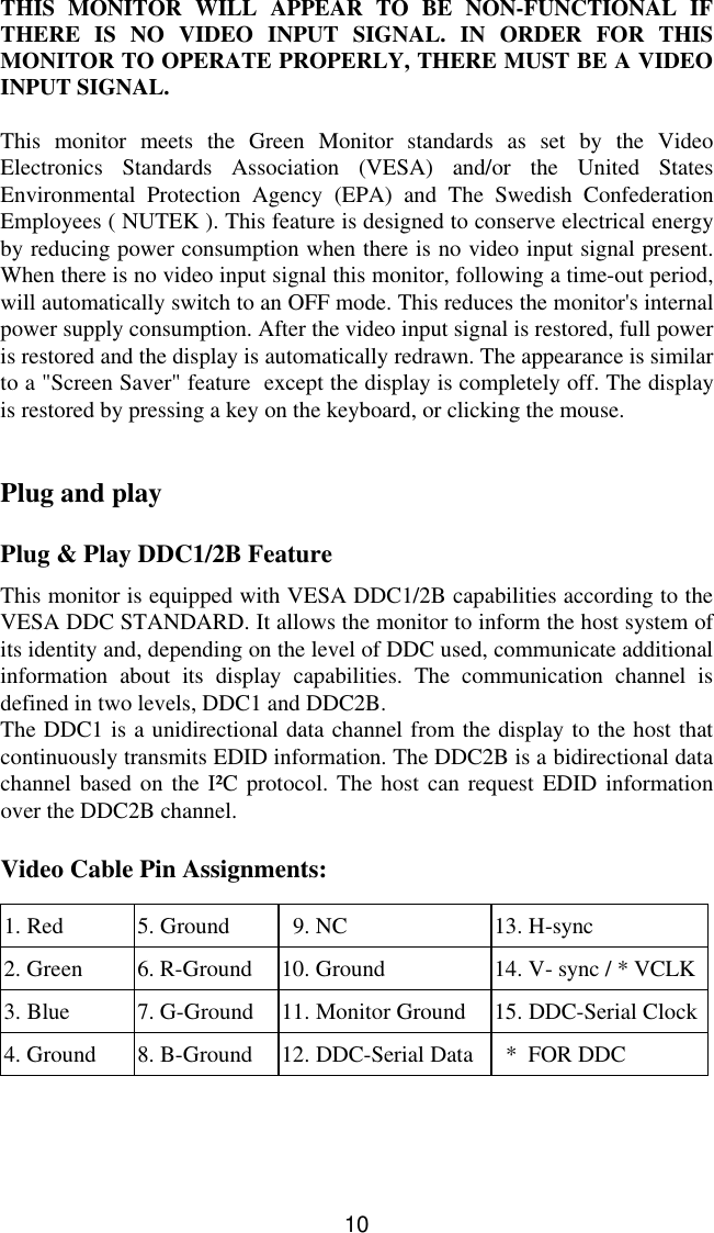 10THIS MONITOR WILL APPEAR TO BE NON-FUNCTIONAL IFTHERE IS NO VIDEO INPUT SIGNAL. IN ORDER FOR THISMONITOR TO OPERATE PROPERLY, THERE MUST BE A VIDEOINPUT SIGNAL.This monitor meets the  Green Monitor standards as set by the VideoElectronics Standards Association (VESA) and/or the United StatesEnvironmental Protection Agency (EPA) and The Swedish ConfederationEmployees ( NUTEK ). This feature is designed to conserve electrical energyby reducing power consumption when there is no video input signal present.When there is no video input signal this monitor, following a time-out period,will automatically switch to an OFF mode. This reduces the monitor&apos;s internalpower supply consumption. After the video input signal is restored, full poweris restored and the display is automatically redrawn. The appearance is similarto a &quot;Screen Saver&quot; feature  except the display is completely off. The displayis restored by pressing a key on the keyboard, or clicking the mouse.Plug and playPlug &amp; Play DDC1/2B FeatureThis monitor is equipped with VESA DDC1/2B capabilities according to theVESA DDC STANDARD. It allows the monitor to inform the host system ofits identity and, depending on the level of DDC used, communicate additionalinformation about its display capabilities. The communication channel isdefined in two levels, DDC1 and DDC2B.The DDC1 is a unidirectional data channel from the display to the host thatcontinuously transmits EDID information. The DDC2B is a bidirectional datachannel based on the I²C protocol. The host can request EDID informationover the DDC2B channel.Video Cable Pin Assignments:1. Red 5. Ground   9. NC 13. H-sync2. Green 6. R-Ground 10. Ground 14. V- sync / * VCLK3. Blue 7. G-Ground 11. Monitor Ground 15. DDC-Serial Clock4. Ground 8. B-Ground 12. DDC-Serial Data   *  FOR DDC