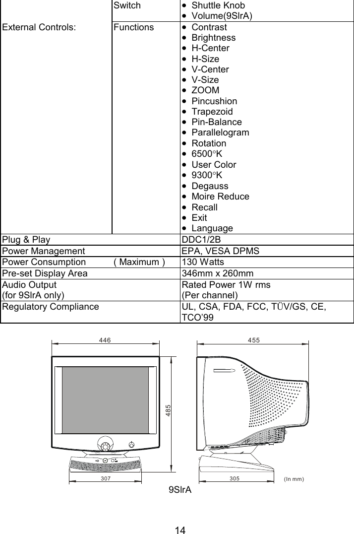 14Switch•Shuttle Knob•Volume(9SlrA)External Controls: Functions•Contrast•Brightness•H-Center•H-Size•V-Center•V-Size•ZOOM•Pincushion•Trapezoid•Pin-Balance•Parallelogram•Rotation•6500°K•User Color•9300°K•Degauss•Moire Reduce•Recall•Exit•LanguagePlug &amp; Play DDC1/2BPower Management EPA, VESA DPMSPower Consumption ( Maximum ) 130 WattsPre-set Display Area 346mm x 260mmAudio Output(for 9SlrA only)Rated Power 1W rms(Per channel)Regulatory Compliance UL, CSA, FDA, FCC, TÜV/GS, CE,TCO’99446(In mm)485307 3054559SlrA