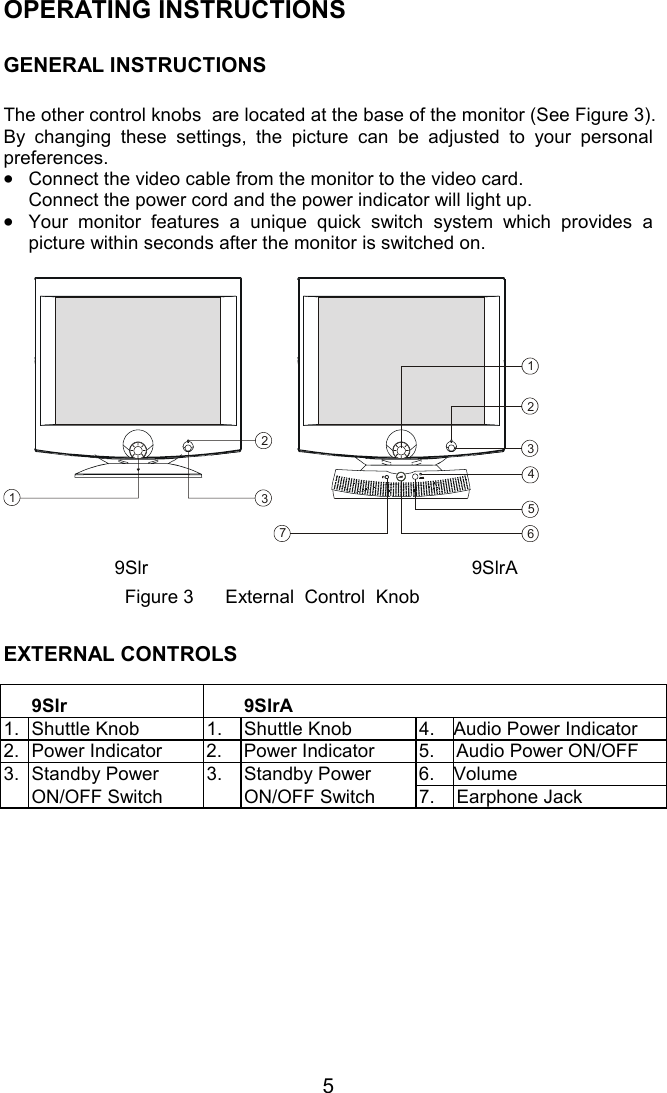 5OPERATING INSTRUCTIONSGENERAL INSTRUCTIONSThe other control knobs  are located at the base of the monitor (See Figure 3).By changing these settings, the picture can be adjusted to your personalpreferences.•Connect the video cable from the monitor to the video card.Connect the power cord and the power indicator will light up.•Your monitor features a unique quick switch system which provides apicture within seconds after the monitor is switched on.11223345679Slr 9SlrAFigure 3      External  Control  KnobEXTERNAL CONTROLS9Slr 9SlrA1. Shuttle Knob 1. Shuttle Knob 4.Audio Power Indicator2. Power Indicator 2. Power Indicator 5. Audio Power ON/OFF3. Standby Power 3. Standby Power 6.VolumeON/OFF Switch ON/OFF Switch 7. Earphone Jack