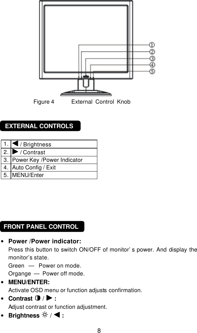  8              Figure 4 External  Control  Knob         EXTERNAL CONTROLS   1.  / Brightness 2.  / Contrast  3. Power Key /Power Indicator 4. Auto Config / Exit 5. MENU/Enter             FRONT PANEL CONTROL  • Power /Power indicator:  Press this button to switch ON/OFF of monitor’s power. And display the monitor’s state. Green   —   Power on mode. Organge  —  Power off mode. • MENU/ENTER:  Activate OSD menu or function adjusts confirmation.  • Contrast  /   :  Adjust contrast or function adjustment. • Brightness   /   : 