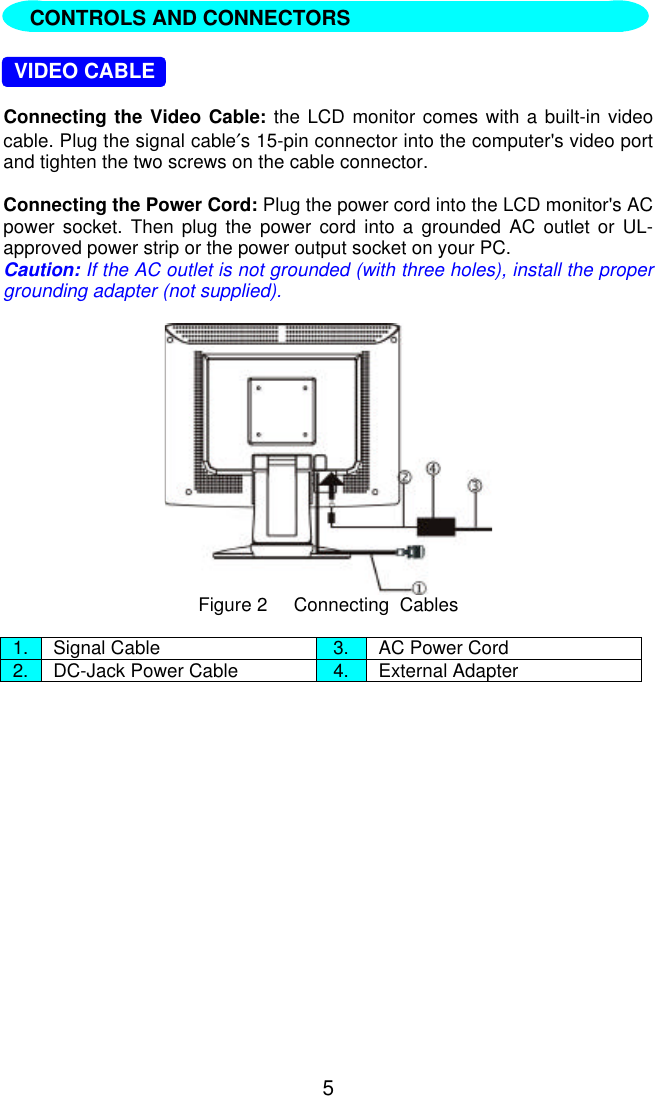 5     VIDEO CABLEConnecting the Video Cable: the LCD monitor comes with a built-in videocable. Plug the signal cable′s 15-pin connector into the computer&apos;s video portand tighten the two screws on the cable connector.Connecting the Power Cord: Plug the power cord into the LCD monitor&apos;s ACpower socket. Then plug the power cord into a grounded AC outlet or UL-approved power strip or the power output socket on your PC.Caution: If the AC outlet is not grounded (with three holes), install the propergrounding adapter (not supplied).Figure 2     Connecting  Cables1. Signal Cable 3. AC Power Cord2. DC-Jack Power Cable 4. External AdapterCONTROLS AND CONNECTORS