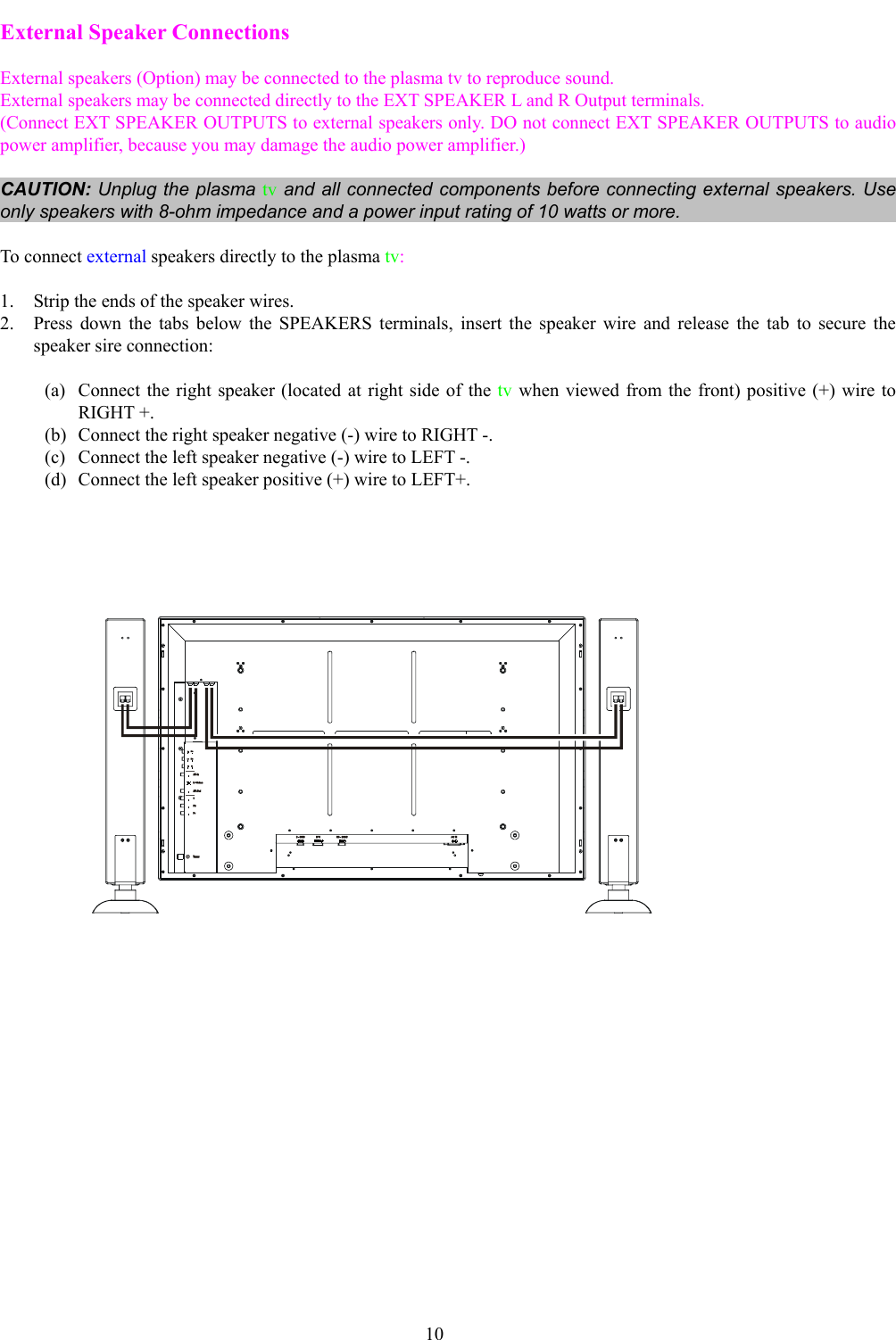 10External Speaker ConnectionsExternal speakers (Option) may be connected to the plasma tv to reproduce sound.External speakers may be connected directly to the EXT SPEAKER L and R Output terminals.(Connect EXT SPEAKER OUTPUTS to external speakers only. DO not connect EXT SPEAKER OUTPUTS to audiopower amplifier, because you may damage the audio power amplifier.)CAUTION: Unplug the plasma tv and all connected components before connecting external speakers. Useonly speakers with 8-ohm impedance and a power input rating of 10 watts or more.To connect external speakers directly to the plasma tv:1. Strip the ends of the speaker wires.2. Press down the tabs below the SPEAKERS terminals, insert the speaker wire and release the tab to secure thespeaker sire connection:(a) Connect the right speaker (located at right side of the tv when viewed from the front) positive (+) wire toRIGHT +.(b) Connect the right speaker negative (-) wire to RIGHT -.(c) Connect the left speaker negative (-) wire to LEFT -.(d) Connect the left speaker positive (+) wire to LEFT+.