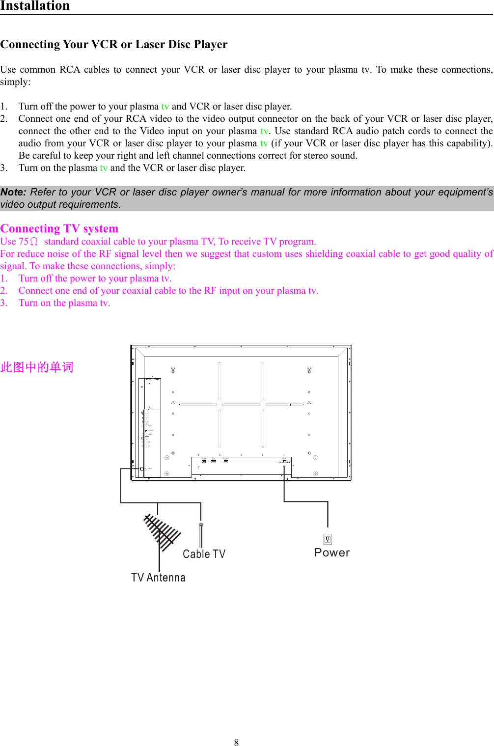 8InstallationConnecting Your VCR or Laser Disc PlayerUse common RCA cables to connect your VCR or laser disc player to your plasma tv. To make these connections,simply:1. Turn off the power to your plasma tv and VCR or laser disc player.2. Connect one end of your RCA video to the video output connector on the back of your VCR or laser disc player,connect the other end to the Video input on your plasma tv. Use standard RCA audio patch cords to connect theaudio from your VCR or laser disc player to your plasma tv (if your VCR or laser disc player has this capability).Be careful to keep your right and left channel connections correct for stereo sound.3. Turn on the plasma tv and the VCR or laser disc player.Note: Refer to your VCR or laser disc player owner’s manual for more information about your equipment’svideo output requirements.Connecting TV systemUse 75Ω  standard coaxial cable to your plasma TV, To receive TV program.For reduce noise of the RF signal level then we suggest that custom uses shielding coaxial cable to get good quality ofsignal. To make these connections, simply:1. Turn off the power to your plasma tv.2. Connect one end of your coaxial cable to the RF input on your plasma tv.3. Turn on the plasma tv.此图中的单词PowerTunerR3L3R2L2S-VideoR1L1AV-InAV-OutYPbPrAC IND - SU B RS - 232CDVICable TV