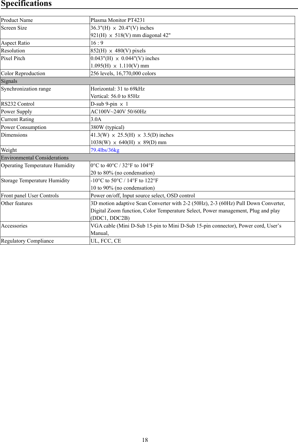 18SpecificationsProduct Name Plasma Monitor PT4231Screen Size 36.3&quot;(H)  × 20.4&quot;(V) inches921(H)  ×  518(V) mm diagonal 42&quot;Aspect Ratio 16 : 9Resolution 852(H)  × 480(V) pixelsPixel Pitch 0.043&quot;(H)  × 0.044&quot;(V) inches1.095(H)  × 1.110(V) mmColor Reproduction 256 levels, 16,770,000 colorsSignalsSynchronization range Horizontal: 31 to 69kHzVertical: 56.0 to 85HzRS232 Control D-sub 9-pin  × 1Power Supply AC100V~240V 50/60HzCurrent Rating 3.0APower Consumption 380W (typical)Dimensions 41.3(W)  × 25.5(H) × 3.5(D) inches1038(W)  × 640(H) × 89(D) mmWeight 79.4lbs/36kgEnvironmental ConsiderationsOperating Temperature Humidity 0°C to 40°C / 32°F to 104°F20 to 80% (no condensation)Storage Temperature Humidity -10°C to 50°C / 14°F to 122°F10 to 90% (no condensation)Front panel User Controls Power on/off, Input source select, OSD controlOther features 3D motion adaptive Scan Converter with 2-2 (50Hz), 2-3 (60Hz) Pull Down Converter,Digital Zoom function, Color Temperature Select, Power management, Plug and play(DDC1, DDC2B)Accessories VGA cable (Mini D-Sub 15-pin to Mini D-Sub 15-pin connector), Power cord, User’sManual,Regulatory Compliance UL, FCC, CE