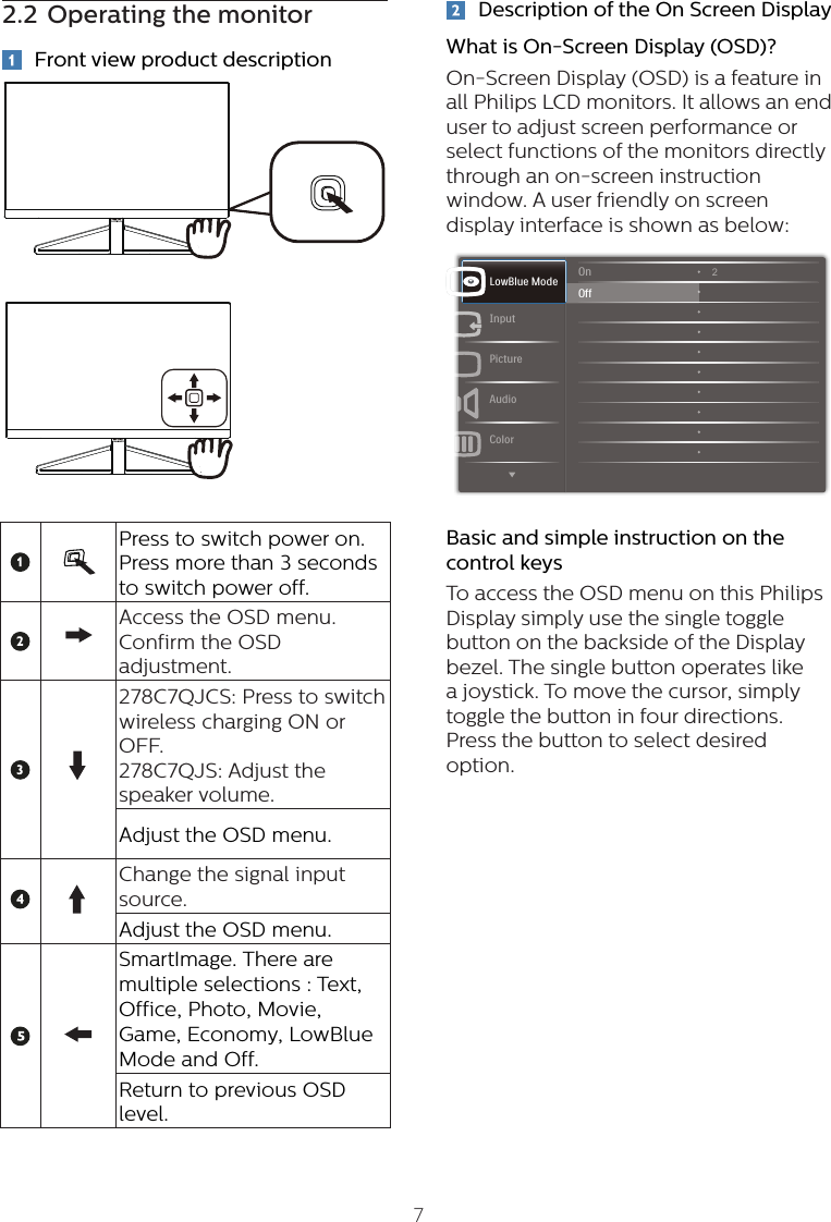 72. Setting up the monitor2.2  Operating the monitor  Front view product descriptionPress to switch power on. Press more than 3 seconds to switch power off.Access the OSD menu.  Confirm the OSD adjustment.278C7QJCS: Press to switch wireless charging ON or OFF.278C7QJS: Adjust the speaker volume.Adjust the OSD menu. Change the signal input source.Adjust the OSD menu.SmartImage. There are multiple selections : Text, Office, Photo, Movie, Game, Economy, LowBlue Mode and Off. Return to previous OSD level. Description of the On Screen DisplayWhat is On-Screen Display (OSD)?On-Screen Display (OSD) is a feature in all Philips LCD monitors. It allows an end user to adjust screen performance or select functions of the monitors directly through an on-screen instruction window. A user friendly on screen display interface is shown as below:2 Basic and simple instruction on the control keysTo access the OSD menu on this Philips Display simply use the single toggle button on the backside of the Display bezel. The single button operates like a joystick. To move the cursor, simply toggle the button in four directions. Press the button to select desired option.