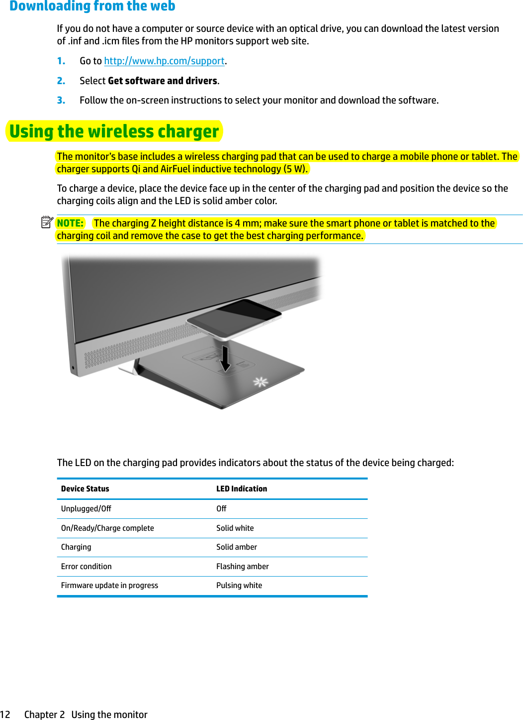 Downloading from the webIf you do not have a computer or source device with an optical drive, you can download the latest version of .inf and .icm les from the HP monitors support web site.1. Go to http://www.hp.com/support.2. Select Get software and drivers.3. Follow the on-screen instructions to select your monitor and download the software.Using the wireless chargerThe monitor’s base includes a wireless charging pad that can be used to charge a mobile phone or tablet. The charger supports Qi and AirFuel inductive technology (5 W).To charge a device, place the device face up in the center of the charging pad and position the device so the charging coils align and the LED is solid amber color.NOTE: The charging Z height distance is 4 mm; make sure the smart phone or tablet is matched to the charging coil and remove the case to get the best charging performance.The LED on the charging pad provides indicators about the status of the device being charged:Device Status LED IndicationUnplugged/O OOn/Ready/Charge complete Solid whiteCharging Solid amberError condition Flashing amberFirmware update in progress Pulsing white12 Chapter 2   Using the monitor