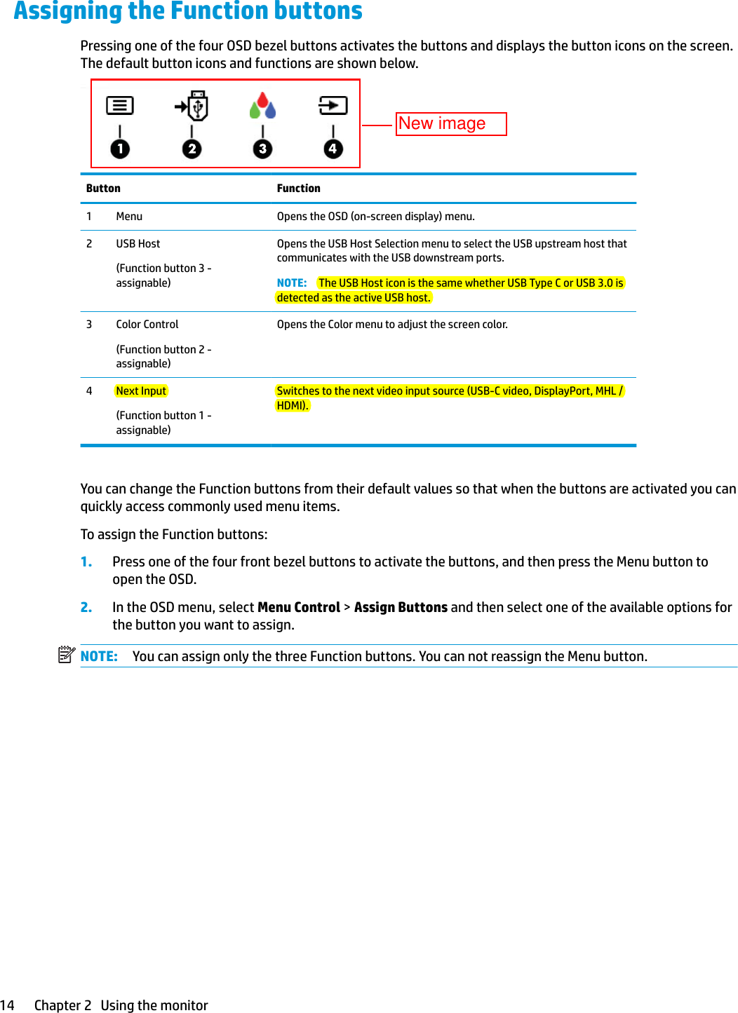 Assigning the Function buttonsPressing one of the four OSD bezel buttons activates the buttons and displays the button icons on the screen. The default button icons and functions are shown below.Button Function1 Menu Opens the OSD (on-screen display) menu.2 USB Host(Function button 3 - assignable)Opens the USB Host Selection menu to select the USB upstream host that communicates with the USB downstream ports.NOTE: The USB Host icon is the same whether USB Type C or USB 3.0 is detected as the active USB host.3 Color Control(Function button 2 - assignable)Opens the Color menu to adjust the screen color.4 Next Input(Function button 1 - assignable)Switches to the next video input source (USB-C video, DisplayPort, MHL / HDMI).You can change the Function buttons from their default values so that when the buttons are activated you can quickly access commonly used menu items.To assign the Function buttons:1. Press one of the four front bezel buttons to activate the buttons, and then press the Menu button to open the OSD.2. In the OSD menu, select Menu Control &gt; Assign Buttons and then select one of the available options for the button you want to assign.NOTE: You can assign only the three Function buttons. You can not reassign the Menu button.14 Chapter 2   Using the monitorNew image