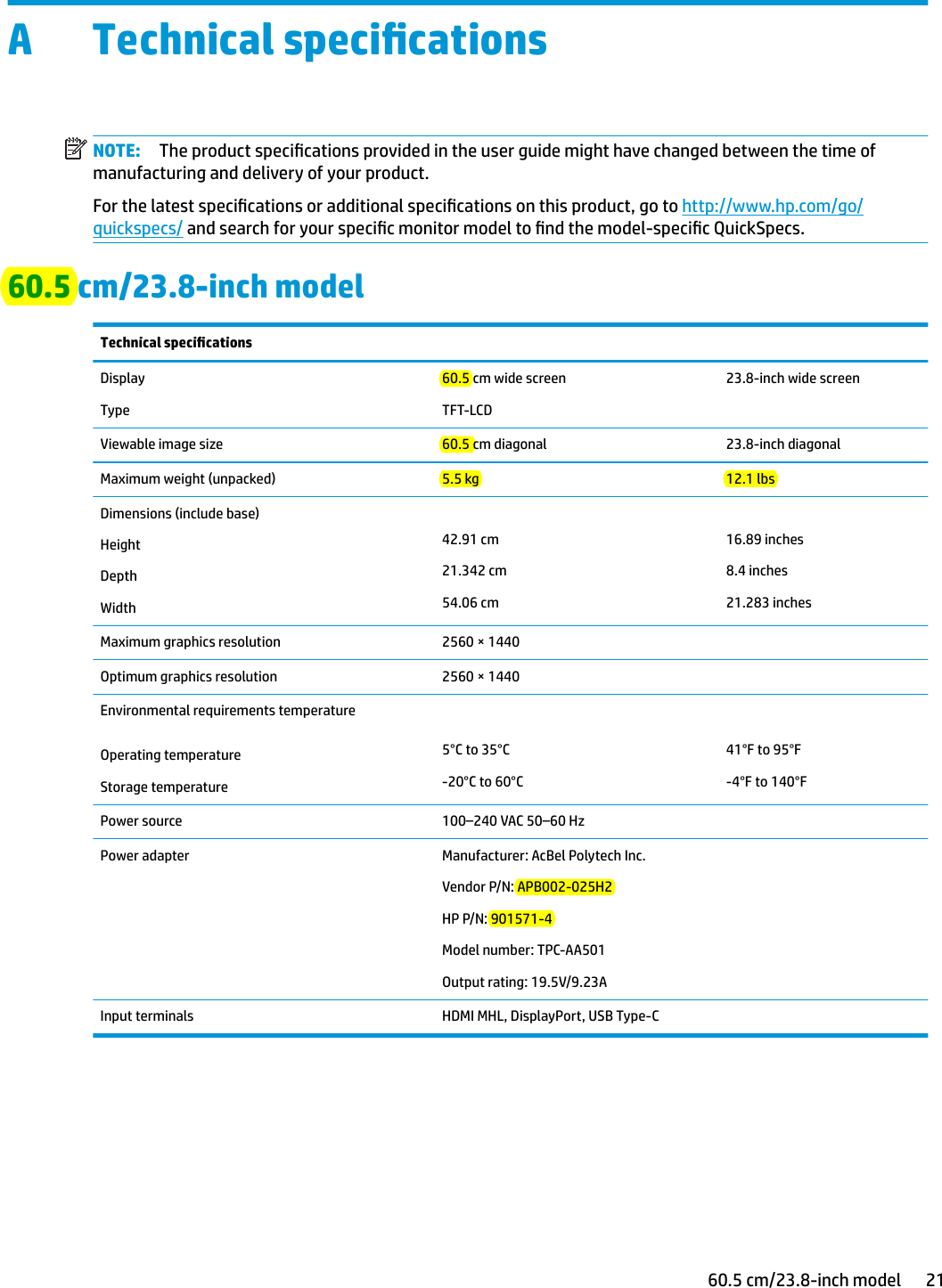 A Technical specicationsNOTE: The product specications provided in the user guide might have changed between the time of manufacturing and delivery of your product.For the latest specications or additional specications on this product, go to http://www.hp.com/go/quickspecs/ and search for your specic monitor model to nd the model-specic QuickSpecs.60.5 cm/23.8-inch modelTechnical specications    DisplayType60.5 cm wide screenTFT-LCD23.8-inch wide screenViewable image size 60.5 cm diagonal 23.8-inch diagonalMaximum weight (unpacked) 5.5 kg 12.1 lbsDimensions (include base)HeightDepthWidth42.91 cm21.342 cm54.06 cm16.89 inches8.4 inches21.283 inchesMaximum graphics resolution 2560 × 1440  Optimum graphics resolution 2560 × 1440  Environmental requirements temperatureOperating temperatureStorage temperature5°C to 35°C-20°C to 60°C41°F to 95°F-4°F to 140°FPower source 100–240 VAC 50–60 Hz  Power adapter Manufacturer: AcBel Polytech Inc.Vendor P/N: APB002-025H2HP P/N: 901571-4Model number: TPC-AA501Output rating: 19.5V/9.23A Input terminals HDMI MHL, DisplayPort, USB Type-C  60.5 cm/23.8-inch model 21