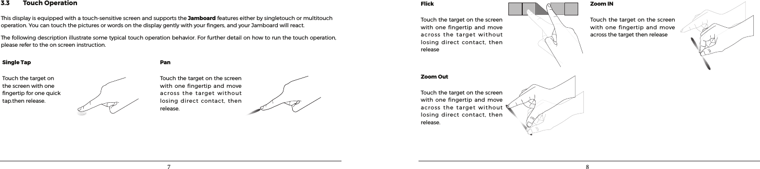 7 83.3         Touch OperationThisdisplayisequippedwithatouch-sensitivescreenandsupportsthe Jamboardfeatureseitherbysingletouchormultitouchoperation.Youcantouchthepicturesorwordsonthedisplaygentlywithyourngers,andyourJamboardwillreact.Thefollowingdescriptionillustratesometypicaltouchoperationbehavior.Forfurtherdetailonhowtorunthetouchoperation,pleaserefertotheonscreeninstruction.Single Tap PanTouchthetargetonthescreenwithonengertipforonequicktap.thenrelease.Touchthetargetonthescreenwithonefingertipandmoveacrossthetarget withoutlosingdirectcontact,thenrelease.Flick Zoom INTouchthetargetonthescreenwithonefingertip andmoveacrossthetarget withoutlosingdirectcontact,thenreleaseTouchthe targetonthe screenwithonefingertipandmoveacrossthetargetthenreleaseZoom OutTouchthetargetonthescreenwithonefingertip andmoveacrossthetarget withoutlosingdirectcontact,thenrelease.