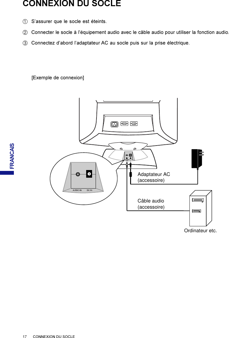 FRANCAIS17      CONNEXION DU SOCLEAS’assurer que le socle est éteints.BConnecter le socle à l’équipement audio avec le câble audio pour utiliser la fonction audio.CConnectez d’abord l’adaptateur AC au socle puis sur la prise électrique.CONNEXION DU SOCLE[Exemple de connexion]Adaptateur AC(accessoire)Ordinateur etc.Câble audio(accessoire)