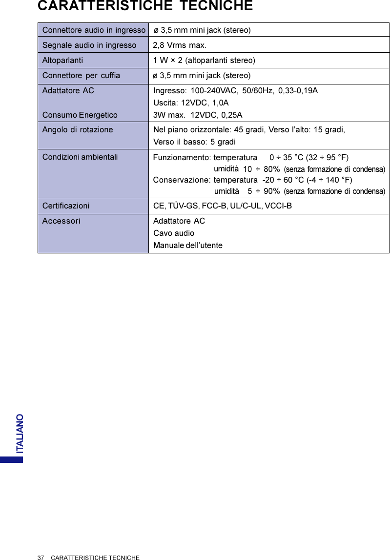 ITALIANOConnettore audio in ingresso ø 3,5 mm mini jack (stereo)Segnale audio in ingresso 2,8 Vrms max.Altoparlanti 1 W × 2 (altoparlanti stereo)Connettore  per  cuffia ø 3,5 mm mini jack (stereo)Adattatore AC Ingresso: 100-240VAC, 50/60Hz, 0,33-0,19AUscita: 12VDC, 1,0AConsumo Energetico 3W max.  12VDC, 0,25AAngolo di rotazione Nel piano orizzontale: 45 gradi, Verso l’alto: 15 gradi,Verso il basso: 5 gradiCondizioni ambientaliCertificazioni CE, TÜV-GS, FCC-B, UL/C-UL, VCCI-BAccessori Adattatore ACCavo audioManuale dell’utenteCARATTERISTICHE TECNICHE37     CARATTERISTICHE TECNICHEFunzionamento: temperaturaumiditàConservazione: temperatura -20 ÷ 60 °C (-4 ÷ 140 °F)umidità0 ÷ 35 °C (32 ÷ 95 °F)10 ÷ 80% (senza formazione di condensa)5 ÷ 90% (senza formazione di condensa)