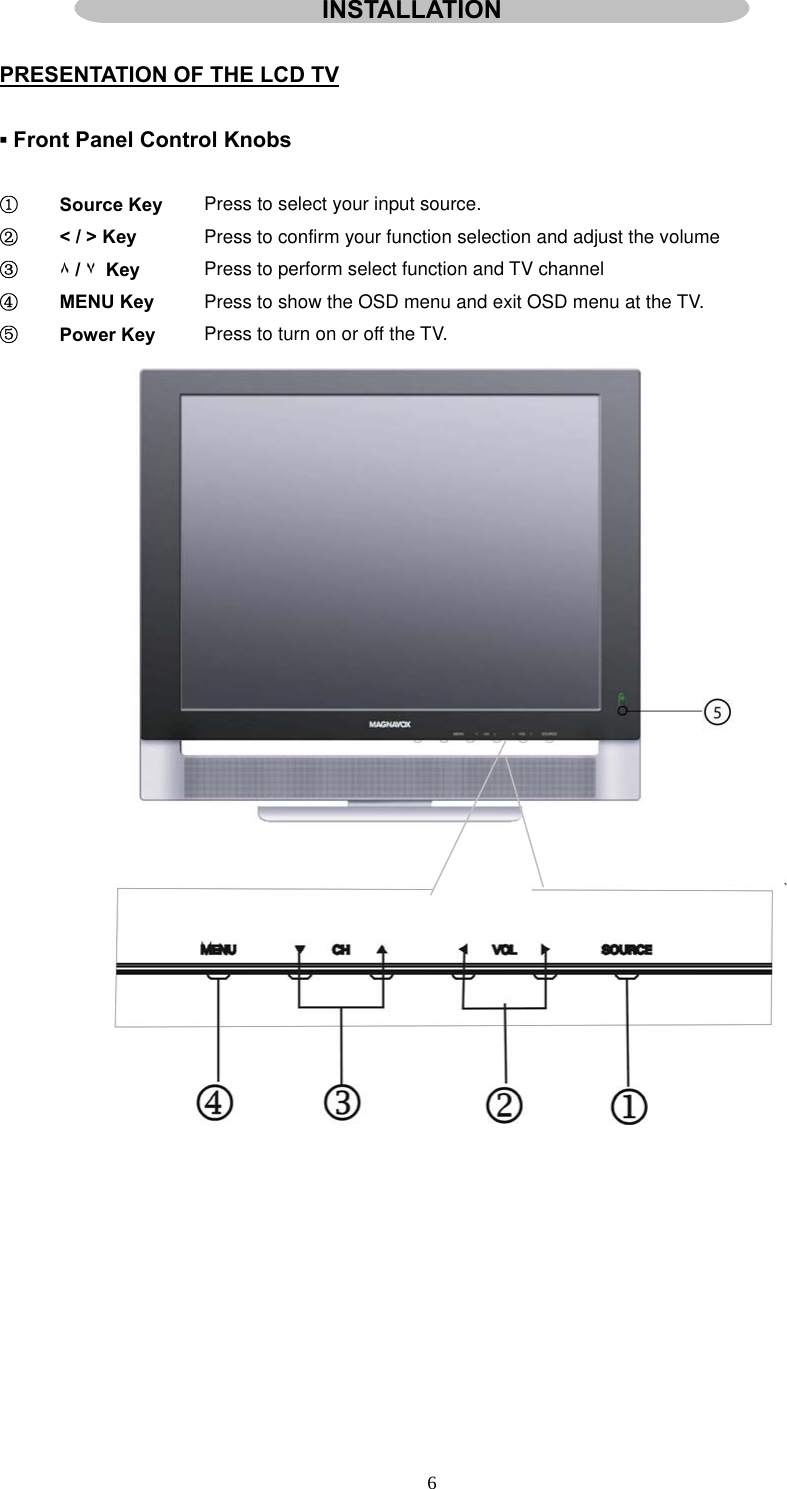  6  PRESENTATION OF THE LCD TV  ▪ Front Panel Control Knobs  ① Source Key Press to select your input source. ②  &lt; / &gt; Key  Press to confirm your function selection and adjust the volume ③ ٧ / ٨ Key  Press to perform select function and TV channel ④ MENU Key  Press to show the OSD menu and exit OSD menu at the TV. ⑤ Power Key  Press to turn on or off the TV.             INSTALLATION