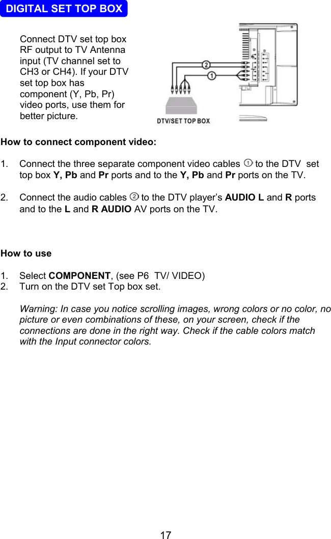 17  DIGITAL SET TOP BOXHow to connect component video:1.  Connect the three separate component video cables   to the DTV  settop box Y, Pb and Pr ports and to the Y, Pb and Pr ports on the TV.2. Connect the audio cables   to the DTV player’s AUDIO L and R portsand to the L and R AUDIO AV ports on the TV.How to use1. Select COMPONENT, (see P6  TV/ VIDEO)2.  Turn on the DTV set Top box set.Warning: In case you notice scrolling images, wrong colors or no color, nopicture or even combinations of these, on your screen, check if theconnections are done in the right way. Check if the cable colors matchwith the Input connector colors.Connect DTV set top boxRF output to TV Antennainput (TV channel set toCH3 or CH4). If your DTVset top box hascomponent (Y, Pb, Pr)video ports, use them forbetter picture.  