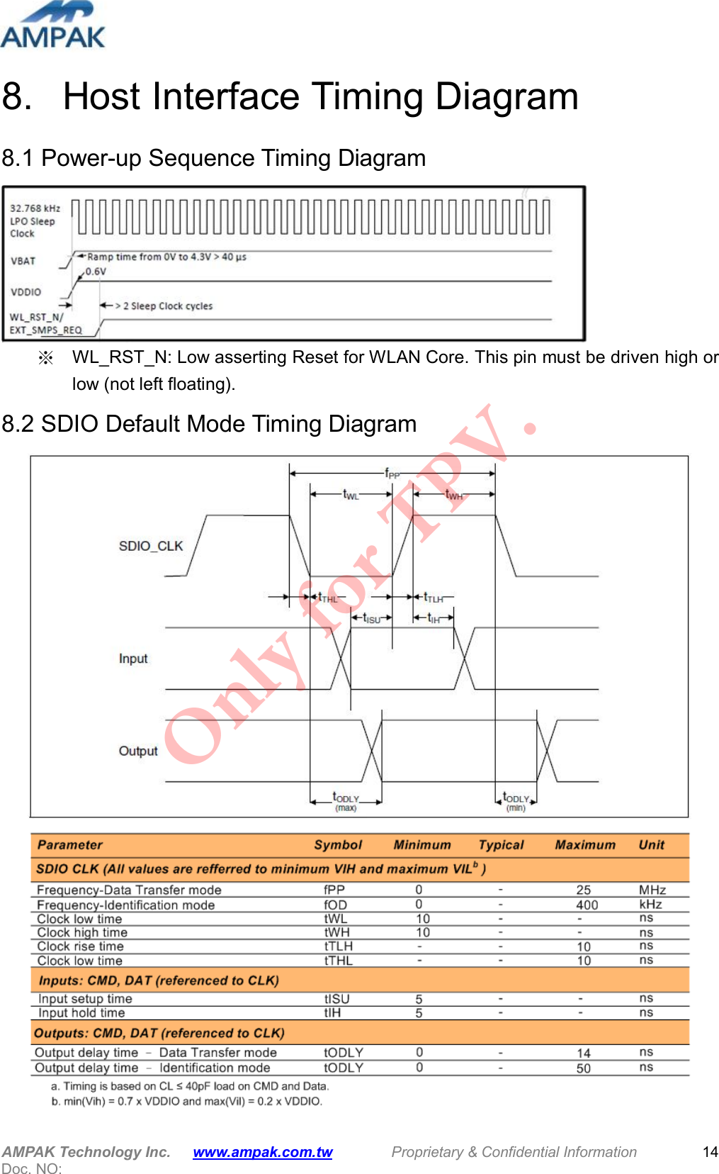  AMPAK Technology Inc.      www.ampak.com.tw        Proprietary &amp; Confidential Information       Doc. NO:   14 8.   Host Interface Timing Diagram 8.1 Power-up Sequence Timing Diagram  ※  WL_RST_N: Low asserting Reset for WLAN Core. This pin must be driven high or low (not left floating). 8.2 SDIO Default Mode Timing Diagram   Only for TPV.