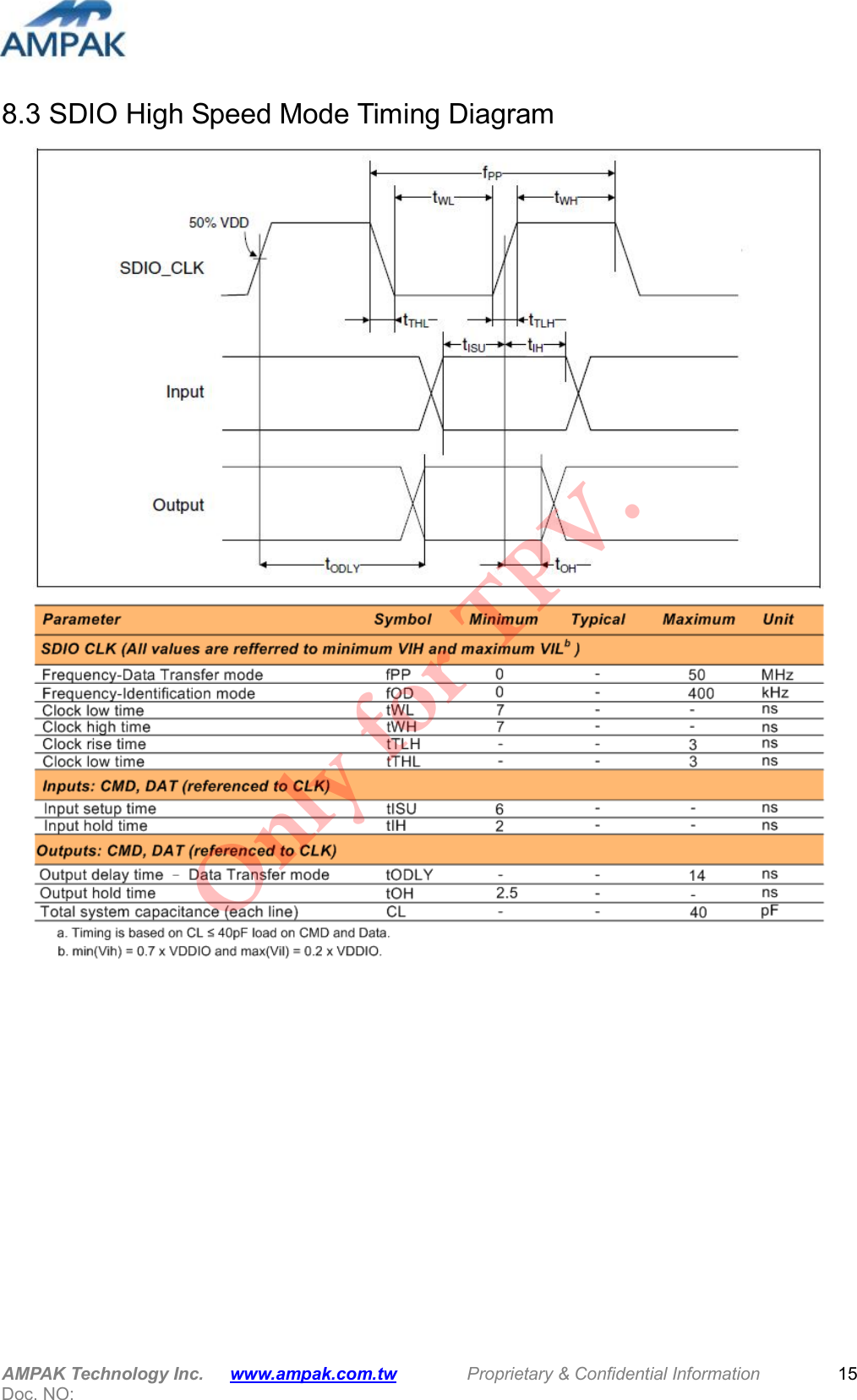  AMPAK Technology Inc.      www.ampak.com.tw        Proprietary &amp; Confidential Information       Doc. NO:   15 8.3 SDIO High Speed Mode Timing Diagram        Only for TPV.