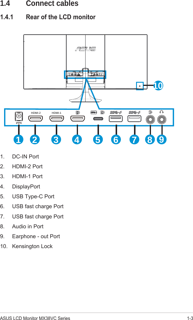 1-3ASUS LCD Monitor MX38VC Series1.4  Connect cables1.4.1  Rear of the LCD monitor1102 3 4 5 6 7 8 9HDMI-2 HDMI-11.  DC-IN Port2.  HDMI-2 Port3.  HDMI-1 Port4.  DisplayPort5.  USB Type-C Port6.  USB fast charge Port7.  USB fast charge Port8.  Audio in Port9.  Earphone - out Port10.  Kensington Lock