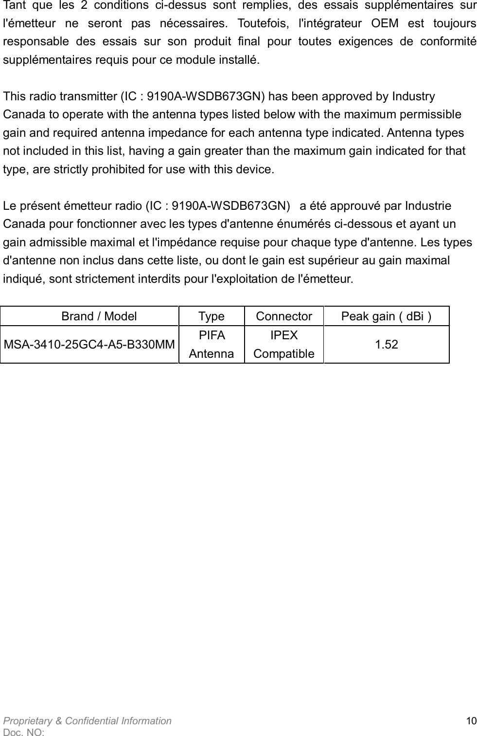  Proprietary &amp; Confidential Information   Doc. NO:   10  Tant  que  les  2  conditions  ci-dessus  sont  remplies,  des  essais  supplémentaires  sur l&apos;émetteur  ne  seront  pas  nécessaires.  Toutefois,  l&apos;intégrateur  OEM  est  toujours responsable  des  essais  sur  son  produit  final  pour  toutes  exigences  de  conformité supplémentaires requis pour ce module installé.  This radio transmitter (IC : 9190A-WSDB673GN) has been approved by Industry Canada to operate with the antenna types listed below with the maximum permissible gain and required antenna impedance for each antenna type indicated. Antenna types not included in this list, having a gain greater than the maximum gain indicated for that type, are strictly prohibited for use with this device.   Le présent émetteur radio (IC : 9190A-WSDB673GN)   a été approuvé par Industrie Canada pour fonctionner avec les types d&apos;antenne énumérés ci-dessous et ayant un gain admissible maximal et l&apos;impédance requise pour chaque type d&apos;antenne. Les types d&apos;antenne non inclus dans cette liste, ou dont le gain est supérieur au gain maximal indiqué, sont strictement interdits pour l&apos;exploitation de l&apos;émetteur.         Brand / Model  Type    Connector  Peak gain ( dBi ) MSA-3410-25GC4-A5-B330MM PIFA Antenna IPEX Compatible 1.52 