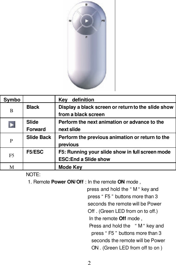  2  Symbo  Key  definition B Black Display a black screen or return to the slide show from a black screen  Slide Forward Perform the next animation or advance to the next slide  P Slide Back Perform the previous animation or return to the previous F5 F5/ESC F5: Running your slide show in full screen mode ESC:End a Slide show M  Mode Key NOTE: 1. Remote Power ON/Off : In the remote ON mode ,    press and hold the “ M “ key and press “ F5 ” buttons more than 3 seconds the remote will be Power Off . (Green LED from on to off.) In the remote Off mode ,   Press and hold the  “ M “ key and press “ F5 ” buttons more than 3 seconds the remote will be Power ON . (Green LED from off to on )    