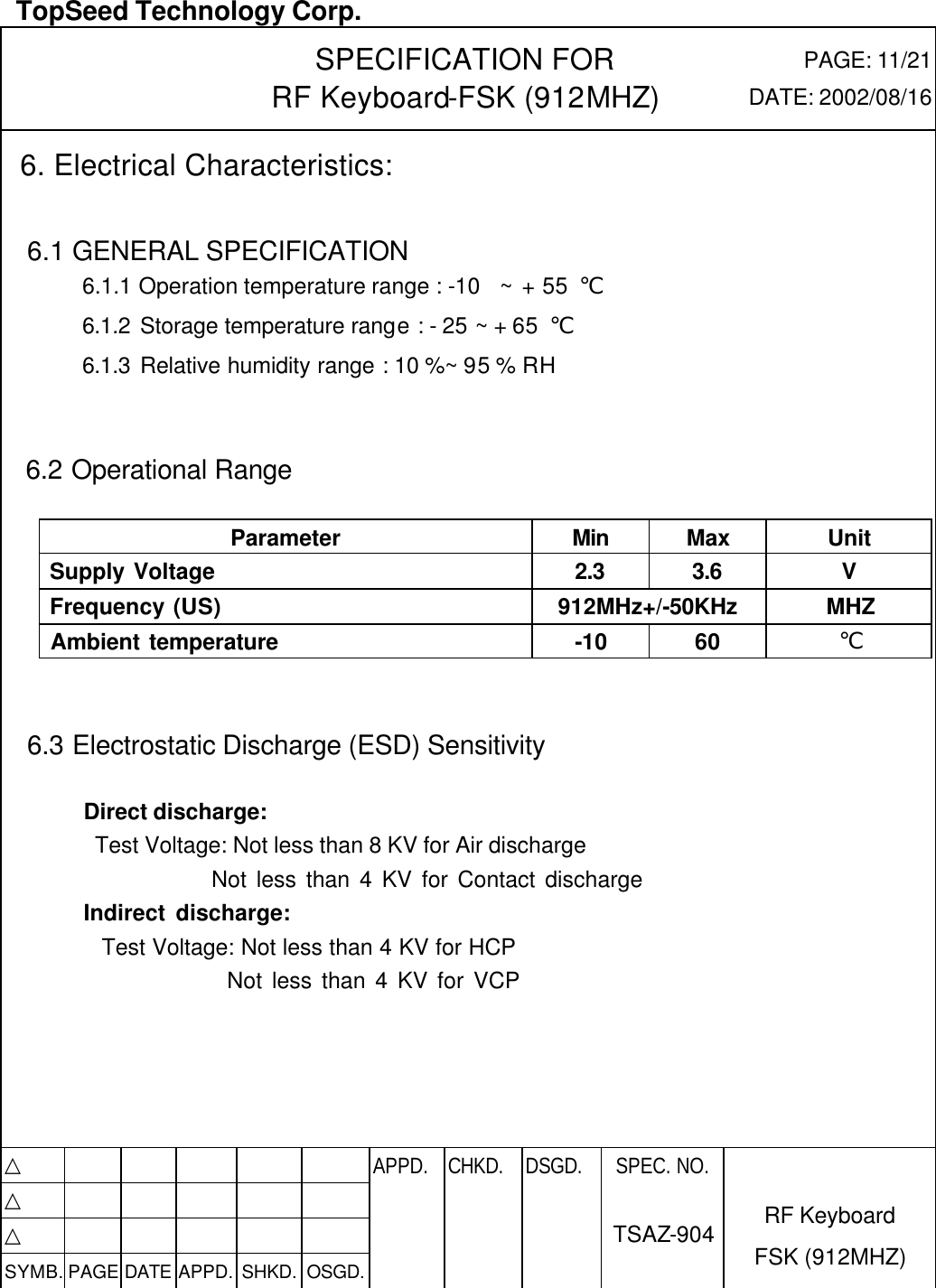  TopSeed Technology Corp.   SPECIFICATION FOR RF Keyboard-FSK (912MHZ) PAGE: 11/21 DATE: 2002/08/16  6. Electrical Characteristics:   6.1 GENERAL SPECIFICATION 6.1.1 Operation temperature range : -10  ~ + 55 ℃ 6.1.2 Storage temperature range : - 25 ~ + 65 ℃ 6.1.3 Relative humidity range : 10 %~ 95 % RH             6.2 Operational Range    Parameter Min Max Unit  Supply Voltage 2.3 3.6 V  Frequency (US) 912MHz+/-50KHz MHZ  Ambient temperature -10 60 ℃    6.3 Electrostatic Discharge (ESD) Sensitivity  Direct discharge:  Test Voltage: Not less than 8 KV for Air discharge                 Not less than 4 KV for Contact discharge Indirect discharge:         Test Voltage: Not less than 4 KV for HCP                Not less than 4 KV for VCP      △           APPD. CHKD. DSGD. △          △          SYMB. PAGE DATE APPD. SHKD. OSGD.      SPEC. NO.  TSAZ-904 RF Keyboard FSK (912MHZ) 