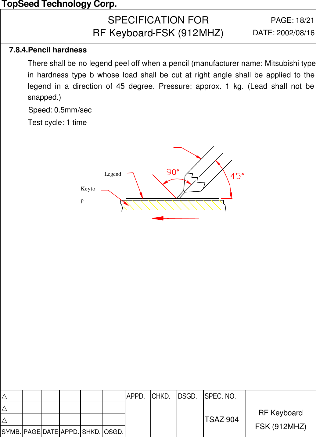  TopSeed Technology Corp.   SPECIFICATION FOR RF Keyboard-FSK (912MHZ) PAGE: 18/21 DATE: 2002/08/16 7.8.4.Pencil hardness There shall be no legend peel off when a pencil (manufacturer name: Mitsubishi type in hardness type b whose load shall be cut at right angle shall be applied to the legend in a direction of 45 degree. Pressure: approx. 1 kg. (Lead shall not be snapped.)    Speed: 0.5mm/sec Test cycle: 1 time                                     △           APPD. CHKD. DSGD. △          △          SYMB. PAGE DATE APPD. SHKD. OSGD.      SPEC. NO.  TSAZ-904 RF Keyboard FSK (912MHZ) Legend Keytop 