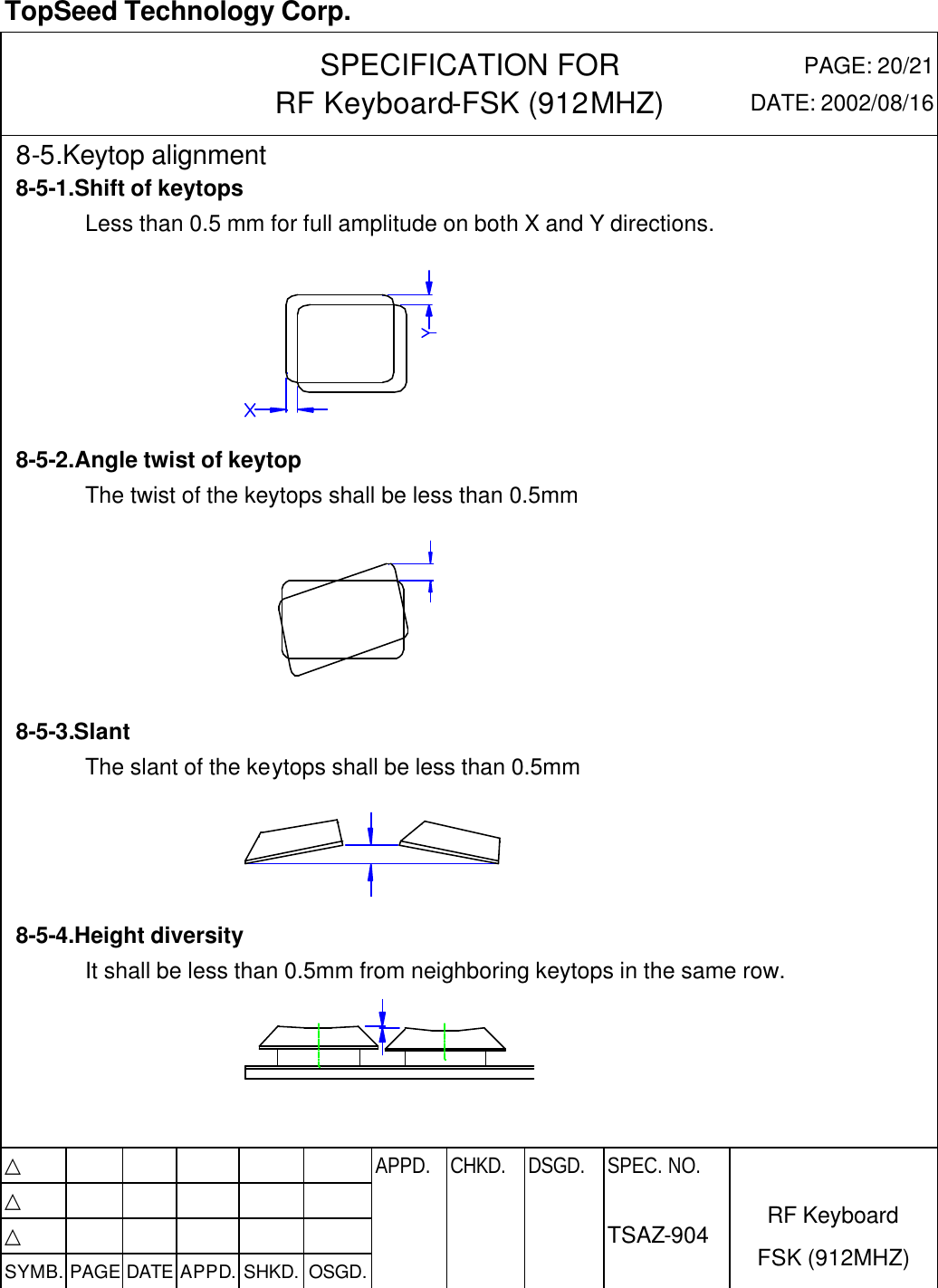  TopSeed Technology Corp.   SPECIFICATION FOR RF Keyboard-FSK (912MHZ) PAGE: 20/21 DATE: 2002/08/16 8-5.Keytop alignment 8-5-1.Shift of keytops Less than 0.5 mm for full amplitude on both X and Y directions.                      8-5-2.Angle twist of keytop The twist of the keytops shall be less than 0.5mm                           8-5-3.Slant The slant of the keytops shall be less than 0.5mm     8-5-4.Height diversity It shall be less than 0.5mm from neighboring keytops in the same row.        △           APPD. CHKD. DSGD. △          △          SYMB. PAGE DATE APPD. SHKD. OSGD.      SPEC. NO.  TSAZ-904 RF Keyboard FSK (912MHZ) 