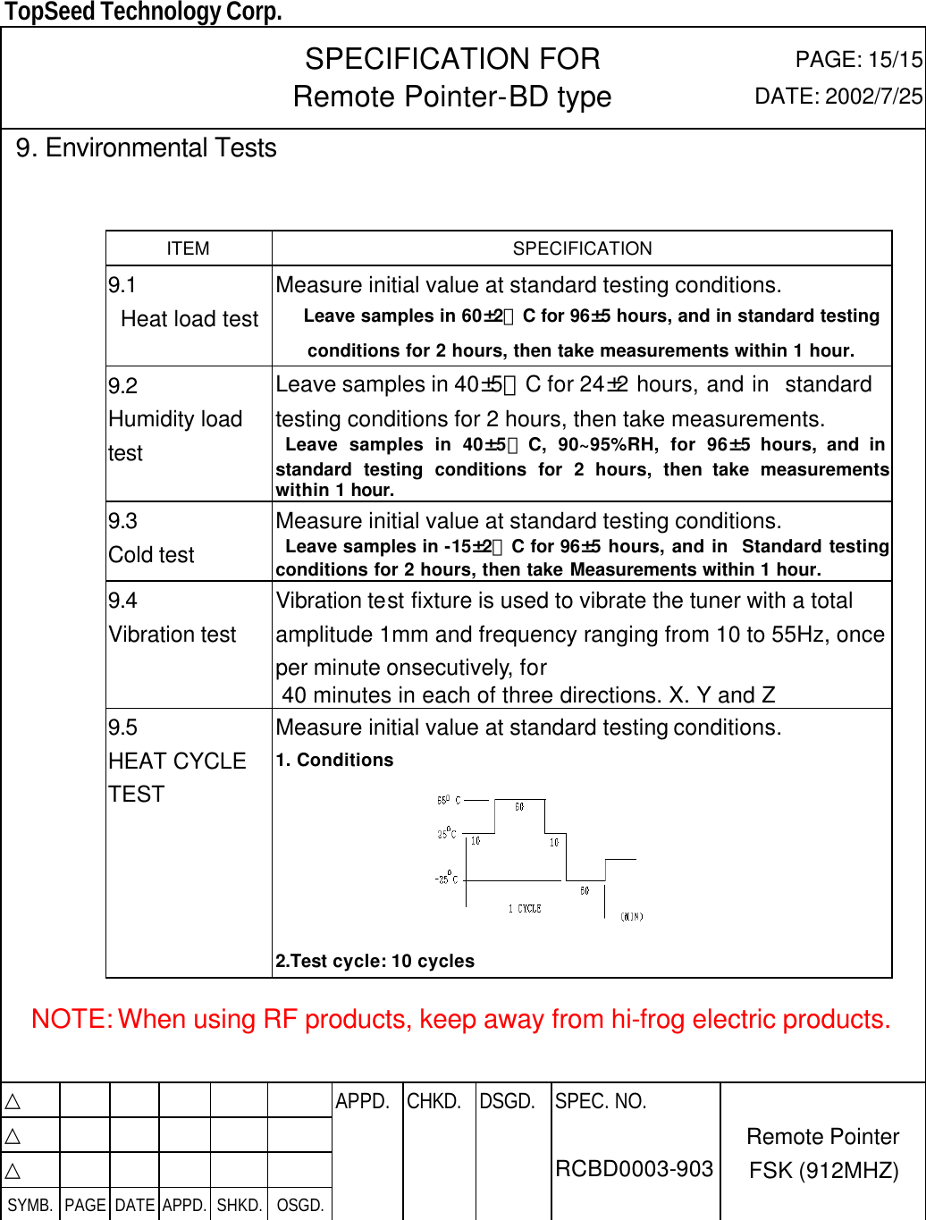  TopSeed Technology Corp.   SPECIFICATION FOR Remote Pointer-BD type PAGE: 15/15 DATE: 2002/7/25  9. Environmental Tests   ITEM SPECIFICATION 9.1 Heat load test Measure initial value at standard testing conditions.   Leave samples in 60±2。C for 96±5 hours, and in standard testing conditions for 2 hours, then take measurements within 1 hour. 9.2 Humidity load test Leave samples in 40±5。C for 24±2 hours, and in  standard testing conditions for 2 hours, then take measurements.  Leave samples in 40±5。C, 90~95%RH, for 96±5 hours, and in standard testing conditions for 2 hours, then take measurements within 1 hour.                   9.3 Cold test Measure initial value at standard testing conditions.  Leave samples in -15±2。C for 96±5 hours, and in  Standard testing conditions for 2 hours, then take Measurements within 1 hour. 9.4 Vibration test Vibration test fixture is used to vibrate the tuner with a total amplitude 1mm and frequency ranging from 10 to 55Hz, once per minute onsecutively, for    40 minutes in each of three directions. X. Y and Z 9.5 HEAT CYCLE TEST Measure initial value at standard testing conditions. 1. Conditions                    2.Test cycle: 10 cycles  NOTE: When using RF products, keep away from hi-frog electric products.   △           APPD. CHKD. DSGD. △          △          SYMB. PAGE DATE APPD. SHKD. OSGD.      SPEC. NO.  RCBD0003-903 Remote Pointer FSK (912MHZ)   
