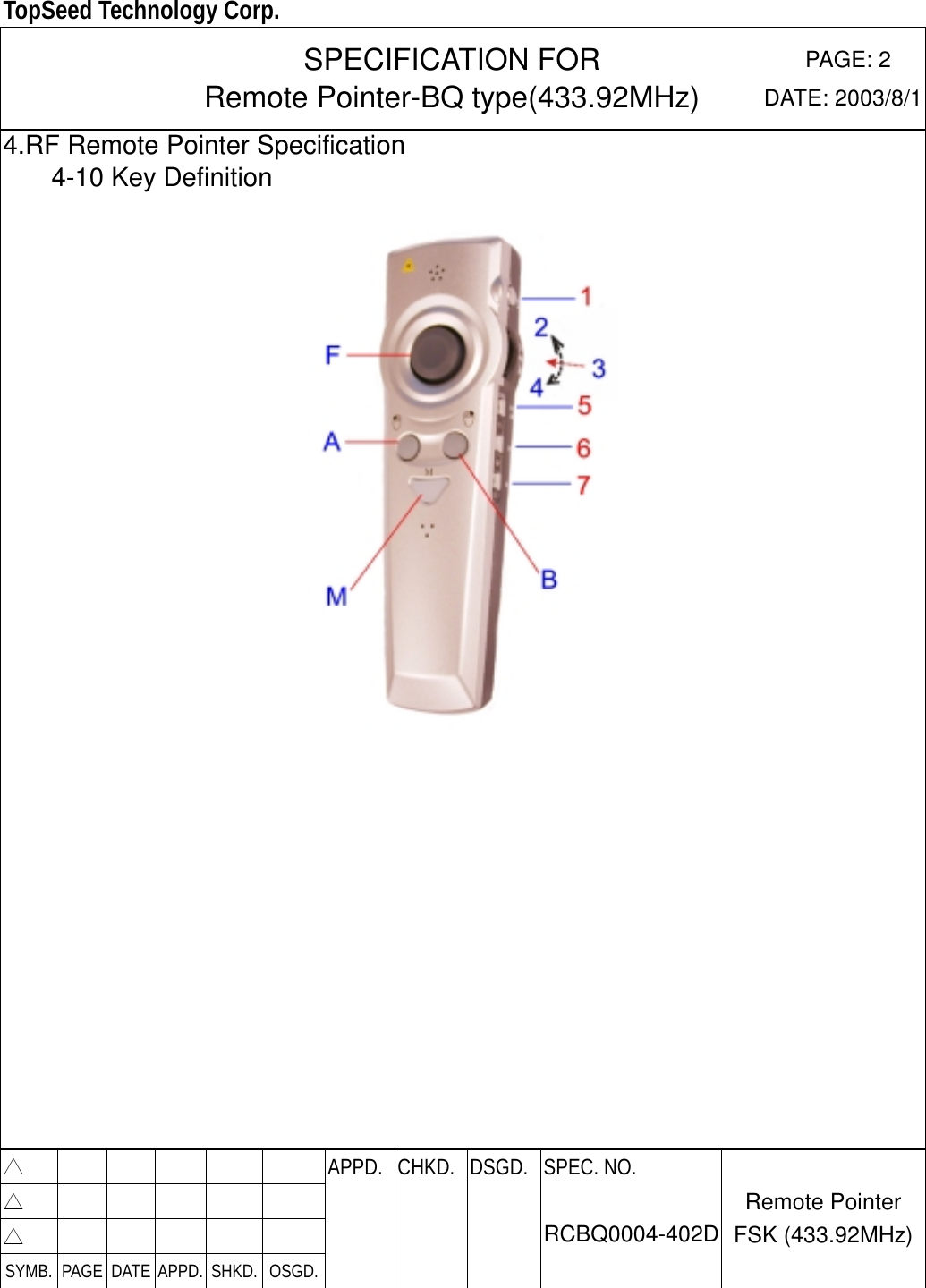  TopSeed Technology Corp.   SPECIFICATION FOR Remote Pointer-BQ type(433.92MHz) PAGE: 2DATE: 2003/8/1△        APPD. CHKD. DSGD.△        △        SYMB. PAGE DATE APPD. SHKD. OSGD.    SPEC. NO.  RCBQ0004-402D Remote Pointer FSK (433.92MHz)4.RF Remote Pointer Specification     4-10 Key Definition                  