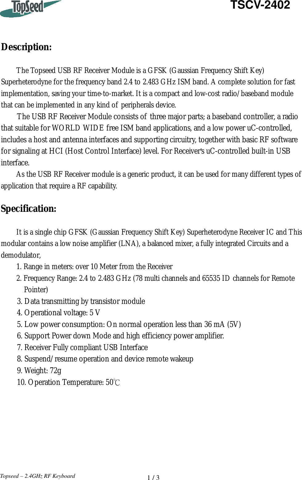 Topseed Technology Tscv Usb Rf Receiver User Manual Tsje