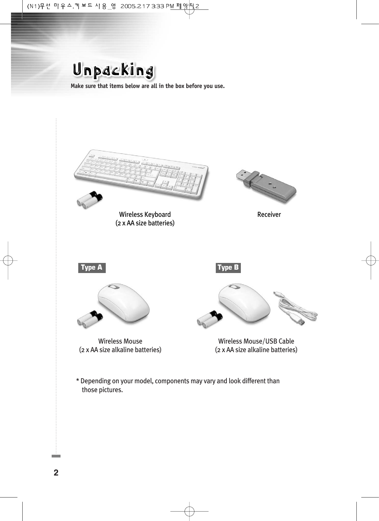 Make sure that items below are all in the box before you use.Wireless Mouse (2 x AA size alkaline batteries)Wireless Mouse/USB Cable(2 x AA size alkaline batteries)* Depending on your model, components may vary and look different thanthose pictures.2Type A Type BWireless Keyboard(2 x AA size batteries)Receiver 