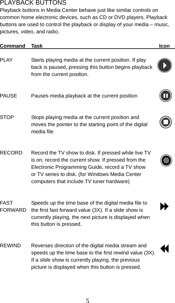  5PLAYBACK BUTTONS Playback buttons in Media Center behave just like similar controls on common home electronic devices, such as CD or DVD players. Playback buttons are used to control the playback or display of your media – music, pictures, video, and radio.  Command Task            Icon    PLAY    Starts playing media at the current position. If play back is paused, pressing this button begins playback   from the current position.         PAUSE  Pauses media playback at the current position       STOP   Stops playing media at the current position and   moves the pointer to the starting point of the digital media file   RECORD  Record the TV show to disk. If pressed while live TV   is on, record the current show. If pressed from the   Electronic Programming Guide, record a TV show   or TV series to disk. (for Windows Media Center   computers that include TV tuner hardware)   FAST    Speeds up the time base of the digital media file to   FORWARD  the first fast forward value (3X). If a slide show is   currently playing, the next picture is displayed when   this button is pressed.   REWIND  Reverses direction of the digital media stream and   speeds up the time base to the first rewind value (3X).   If a slide show is currently playing, the previous   picture is displayed when this button is pressed.         