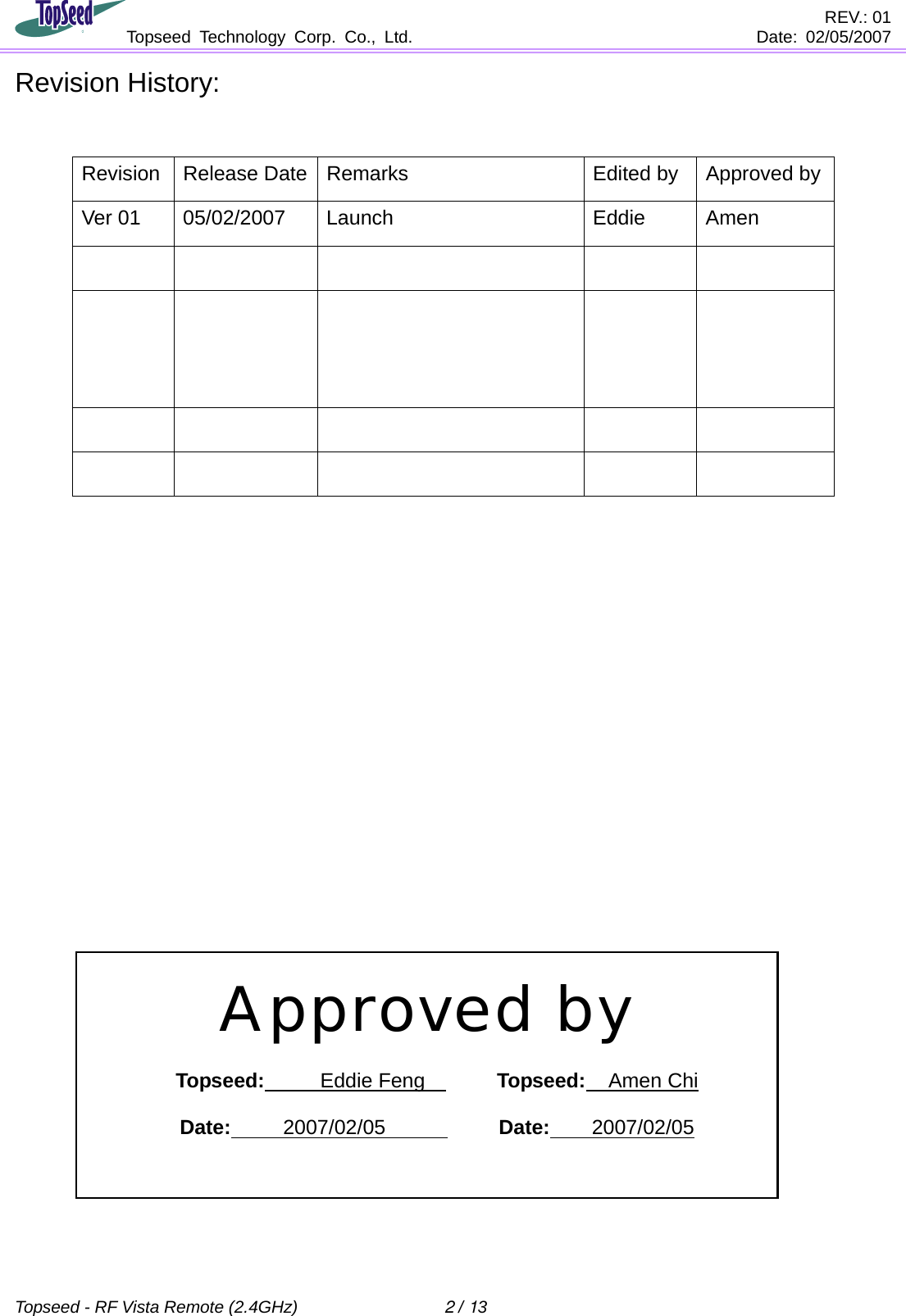                                        REV.: 01              Topseed Technology Corp. Co., Ltd.    Date: 02/05/2007    Topseed - RF Vista Remote (2.4GHz)  2 / 13  Revision History:                                       Revision  Release Date  Remarks  Edited by  Approved byVer 01  05/02/2007  Launch  Eddie  Amen                                                   Approved by  Topseed:   Eddie Feng       Topseed: Amen Chi  Date:   2007/02/05           Date:    2007/02/05   