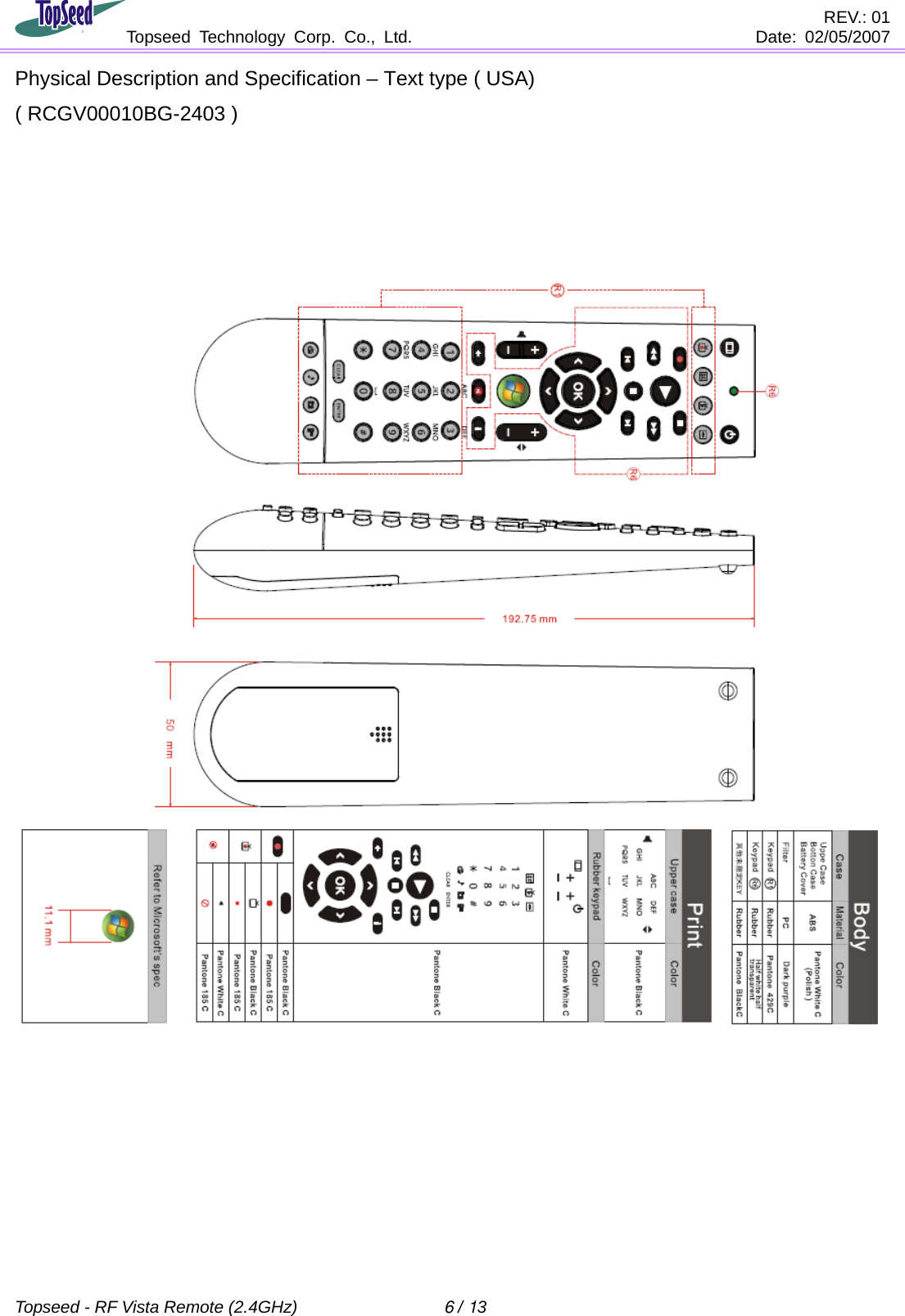                                        REV.: 01              Topseed Technology Corp. Co., Ltd.    Date: 02/05/2007    Topseed - RF Vista Remote (2.4GHz)  6 / 13  Physical Description and Specification – Text type ( USA) ( RCGV00010BG-2403 )             