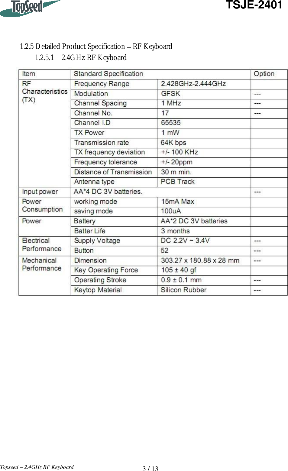   3 / 13  TSJE-2401 Topseed – 2.4GHz RF Keyboard     1.2.5 Detailed Product Specification – RF Keyboard      1.2.5.1  2.4GHz RF Keyboard                