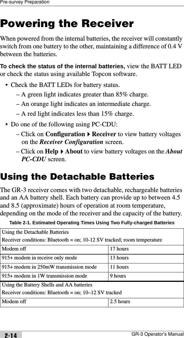 Pre-survey PreparationGR-3 Operator’s Manual2-14Powering the ReceiverWhen powered from the internal batteries, the receiver will constantly switch from one battery to the other, maintaining a difference of 0.4 V between the batteries.To check the status of the internal batteries, view the BATT LED or check the status using available Topcon software.• Check the BATT LEDs for battery status.– A green light indicates greater than 85% charge.– An orange light indicates an intermediate charge.– A red light indicates less than 15% charge.• Do one of the following using PC-CDU:– Click on ConfigurationReceiver to view battery voltages on the Receiver Configuration screen.– Click on HelpAbout to view battery voltages on the About PC-CDU screen.Using the Detachable BatteriesThe GR-3 receiver comes with two detachable, rechargeable batteries and an AA battery shell. Each battery can provide up to between 4.5 and 8.5 (approximate) hours of operation at room temperature, depending on the mode of the receiver and the capacity of the battery. Table 2-1. Estimated Operating Times Using Two Fully-charged BatteriesUsing the Detachable BatteriesReceiver conditions: Bluetooth = on; 10-12 SV tracked; room temperatureModem off 17 hours915+ modem in receive only mode 13 hours915+ modem in 250mW transmission mode 11 hours915+ modem in 1W transmission mode 9 hoursUsing the Battery Shells and AA batteriesReceiver conditions: Bluetooth = on; 10–12 SV trackedModem off 2.5 hours