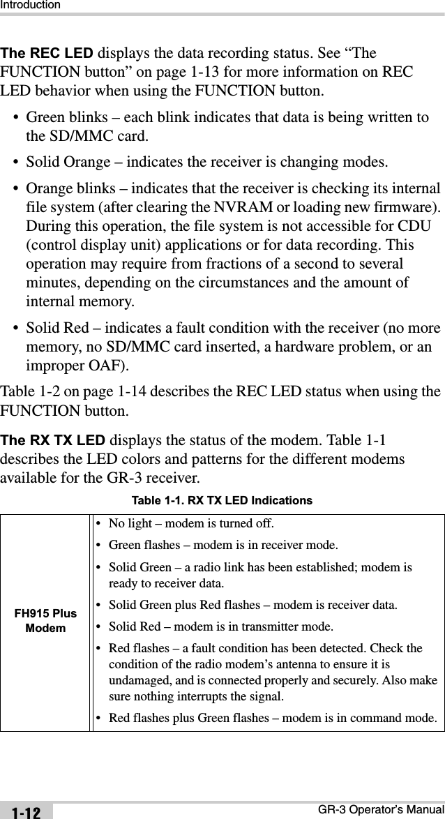 IntroductionGR-3 Operator’s Manual1-12The REC LED displays the data recording status. See “The FUNCTION button” on page 1-13 for more information on REC LED behavior when using the FUNCTION button.• Green blinks – each blink indicates that data is being written to the SD/MMC card.• Solid Orange – indicates the receiver is changing modes.• Orange blinks – indicates that the receiver is checking its internal file system (after clearing the NVRAM or loading new firmware). During this operation, the file system is not accessible for CDU (control display unit) applications or for data recording. This operation may require from fractions of a second to several minutes, depending on the circumstances and the amount of internal memory.• Solid Red – indicates a fault condition with the receiver (no more memory, no SD/MMC card inserted, a hardware problem, or an improper OAF).Table 1-2 on page 1-14 describes the REC LED status when using the FUNCTION button.The RX TX LED displays the status of the modem. Table 1-1 describes the LED colors and patterns for the different modems available for the GR-3 receiver. Table 1-1. RX TX LED IndicationsFH915 Plus Modem• No light – modem is turned off.• Green flashes – modem is in receiver mode.• Solid Green – a radio link has been established; modem is ready to receiver data.• Solid Green plus Red flashes – modem is receiver data.• Solid Red – modem is in transmitter mode.• Red flashes – a fault condition has been detected. Check the condition of the radio modem’s antenna to ensure it is undamaged, and is connected properly and securely. Also make sure nothing interrupts the signal.• Red flashes plus Green flashes – modem is in command mode.