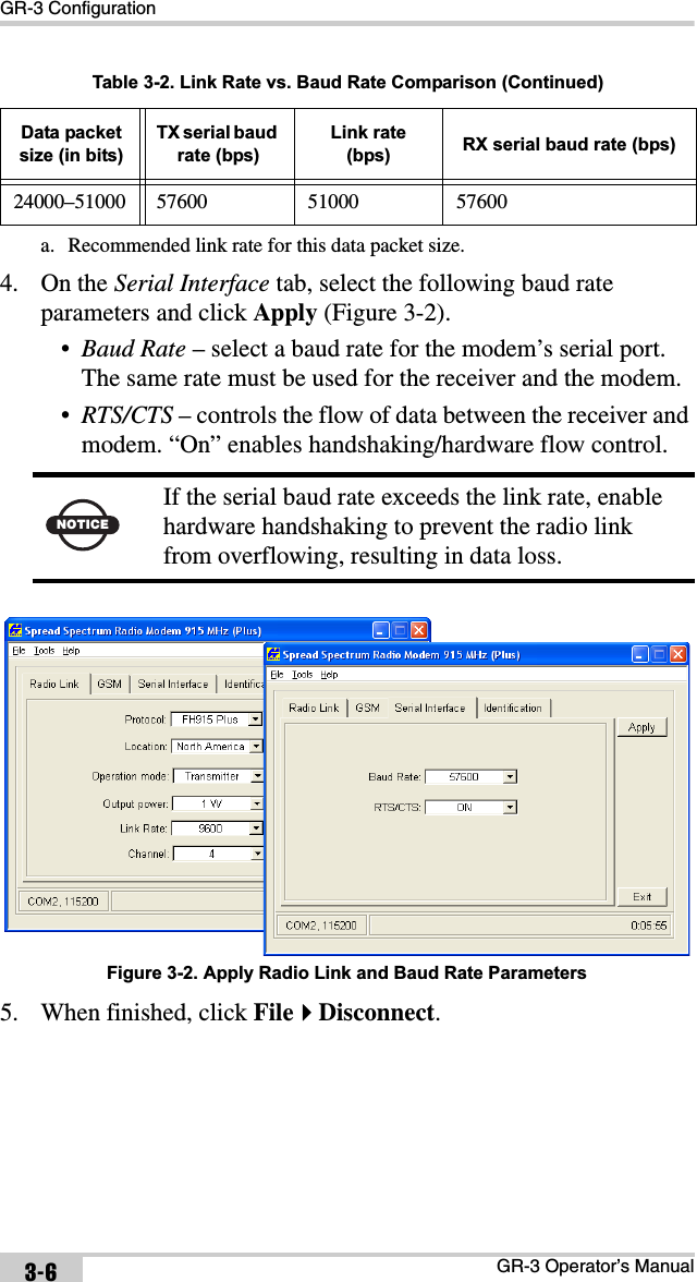 GR-3 ConfigurationGR-3 Operator’s Manual3-64. On the Serial Interface tab, select the following baud rate parameters and click Apply (Figure 3-2).•Baud Rate – select a baud rate for the modem’s serial port. The same rate must be used for the receiver and the modem.•RTS/CTS – controls the flow of data between the receiver and modem. “On” enables handshaking/hardware flow control. Figure 3-2. Apply Radio Link and Baud Rate Parameters5. When finished, click FileDisconnect.24000–51000 57600 51000 57600a. Recommended link rate for this data packet size.NOTICEIf the serial baud rate exceeds the link rate, enable hardware handshaking to prevent the radio link from overflowing, resulting in data loss.Table 3-2. Link Rate vs. Baud Rate Comparison (Continued)Data packet size (in bits)TX serial baud rate (bps)Link rate (bps) RX serial baud rate (bps)