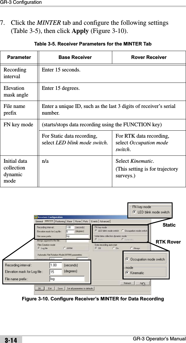 GR-3 ConfigurationGR-3 Operator’s Manual3-147. Click the MINTER tab and configure the following settings (Table 3-5), then click Apply (Figure 3-10). Figure 3-10. Configure Receiver’s MINTER for Data RecordingTable 3-5. Receiver Parameters for the MINTER TabParameter Base Receiver Rover ReceiverRecording intervalEnter 15 seconds.Elevation mask angleEnter 15 degrees.File name prefixEnter a unique ID, such as the last 3 digits of receiver’s serial number.FN key mode (starts/stops data recording using the FUNCTION key)For Static data recording, select LED blink mode switch.For RTK data recording, select Occupation mode switch.Initial data collection dynamic moden/a Select Kinematic.(This setting is for trajectory surveys.)StaticRTK Rover