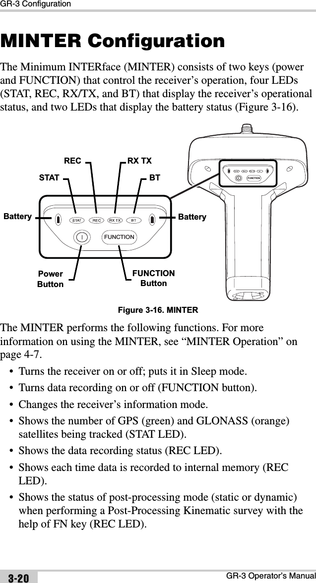 GR-3 ConfigurationGR-3 Operator’s Manual3-20MINTER ConfigurationThe Minimum INTERface (MINTER) consists of two keys (power and FUNCTION) that control the receiver’s operation, four LEDs (STAT, REC, RX/TX, and BT) that display the receiver’s operational status, and two LEDs that display the battery status (Figure 3-16). Figure 3-16. MINTERThe MINTER performs the following functions. For more information on using the MINTER, see “MINTER Operation” on page 4-7. • Turns the receiver on or off; puts it in Sleep mode.• Turns data recording on or off (FUNCTION button).• Changes the receiver’s information mode.• Shows the number of GPS (green) and GLONASS (orange) satellites being tracked (STAT LED).• Shows the data recording status (REC LED).• Shows each time data is recorded to internal memory (REC LED).• Shows the status of post-processing mode (static or dynamic) when performing a Post-Processing Kinematic survey with the help of FN key (REC LED).FUNCTIONFUNCTIONBatterySTATREC RX TXBTPowerButtonFUNCTIONButtonBattery