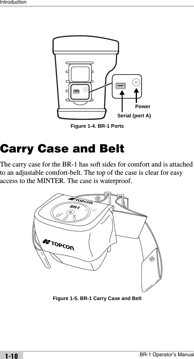 IntroductionBR-1 Operator’s Manual1-10Figure 1-4. BR-1 PortsCarry Case and BeltThe carry case for the BR-1 has soft sides for comfort and is attached to an adjustable comfort-belt. The top of the case is clear for easy access to the MINTER. The case is waterproof. Figure 1-5. BR-1 Carry Case and BeltSerial (port A)Power
