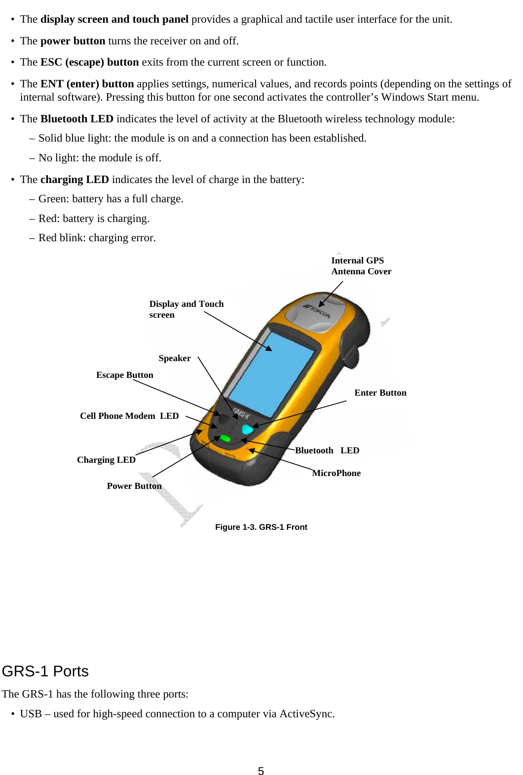     5 • The display screen and touch panel provides a graphical and tactile user interface for the unit. • The power button turns the receiver on and off. • The ESC (escape) button exits from the current screen or function. • The ENT (enter) button applies settings, numerical values, and records points (depending on the settings of internal software). Pressing this button for one second activates the controller’s Windows Start menu. • The Bluetooth LED indicates the level of activity at the Bluetooth wireless technology module: –  Solid blue light: the module is on and a connection has been established. –  No light: the module is off. • The charging LED indicates the level of charge in the battery: –  Green: battery has a full charge. –  Red: battery is charging. –  Red blink: charging error.                Figure 1-3. GRS-1 Front      GRS-1 Ports The GRS-1 has the following three ports: • USB – used for high-speed connection to a computer via ActiveSync. Internal GPS Antenna Cover Display and Touch screen Escape Button Enter Button Power Button Charging LED Speaker MicroPhone Cell Phone Modem  LED Bluetooth   LED 