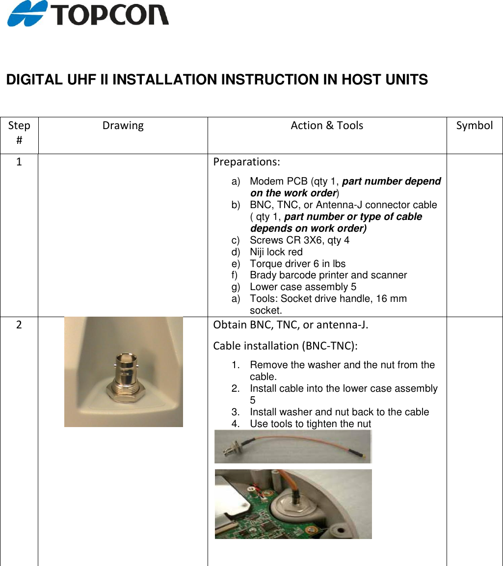   DIGITAL UHF II INSTALLATION INSTRUCTION IN HOST UNITS   Step # Drawing Action &amp; Tools Symbol 1  Preparations:  a)  Modem PCB (qty 1, part number depend on the work order) b)  BNC, TNC, or Antenna-J connector cable ( qty 1, part number or type of cable depends on work order) c)  Screws CR 3X6, qty 4 d)  Niji lock red e)  Torque driver 6 in lbs f)  Brady barcode printer and scanner g)  Lower case assembly 5 a)  Tools: Socket drive handle, 16 mm socket.  2   Obtain BNC, TNC, or antenna-J.   Cable installation (BNC-TNC): 1.  Remove the washer and the nut from the cable. 2.  Install cable into the lower case assembly 5 3.  Install washer and nut back to the cable 4.  Use tools to tighten the nut     