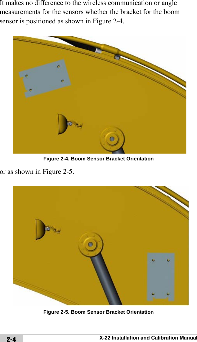 X-22 Installation and Calibration Manual2-4It makes no difference to the wireless communication or angle measurements for the sensors whether the bracket for the boom sensor is positioned as shown in Figure 2-4,Figure 2-4. Boom Sensor Bracket Orientationor as shown in Figure 2-5.Figure 2-5. Boom Sensor Bracket Orientation